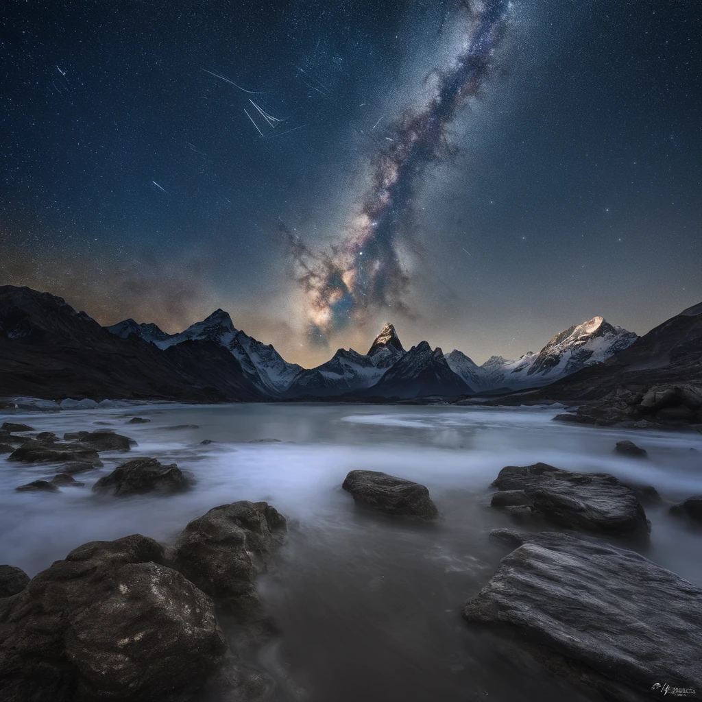 Master Parts、Superior Quality、superior image quality、The 8k quality、、Beautiful pictures of the starry sky、magnifica、Arched Milky Way:1.9、Blue Sea、shooting stars:1.9, Mount Everest:1.9