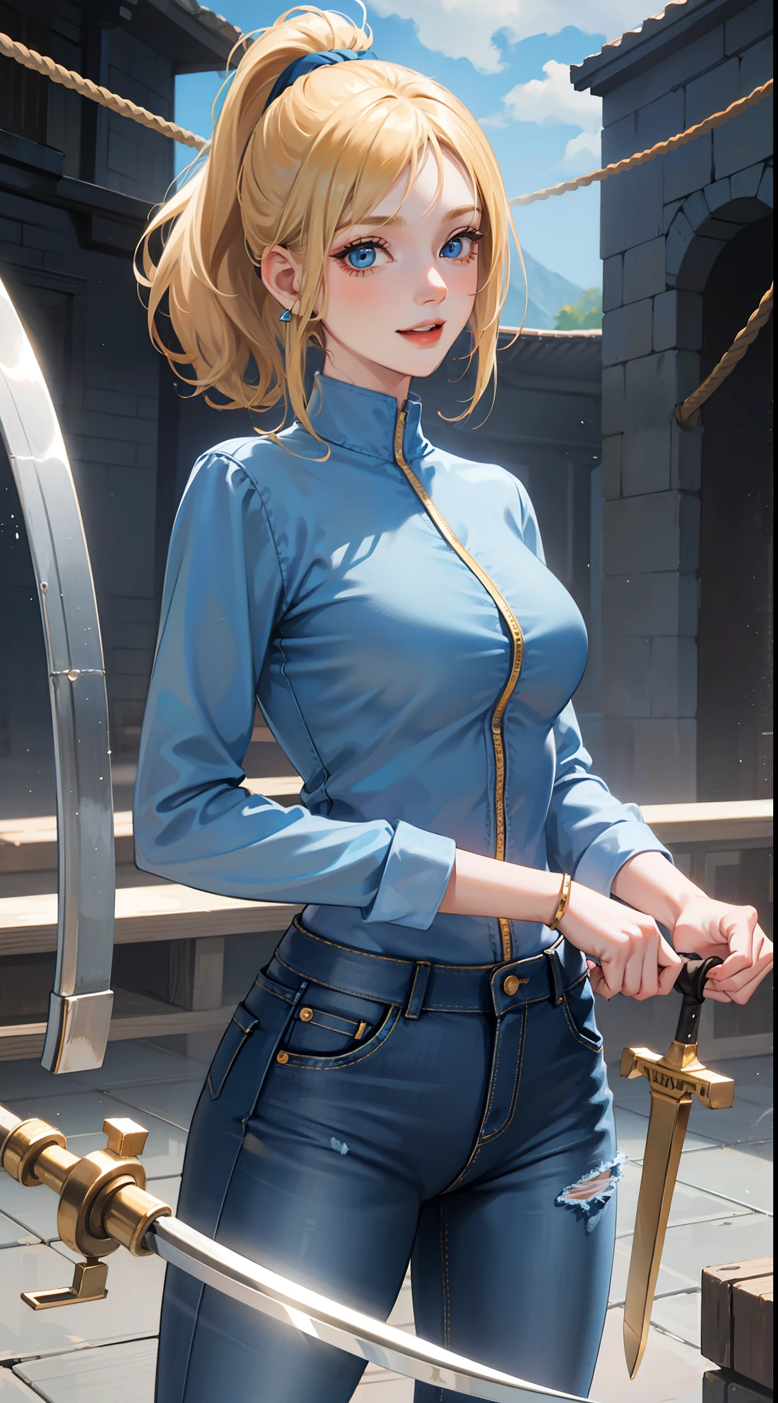 young girl, short blonde hair, high ponytail, blue eyes, Smile, Blue tight shirt, Jeans, Open Showers, two swords, Fly on ropes, Masterpiece, hiquality, 4k, HD, Good detail