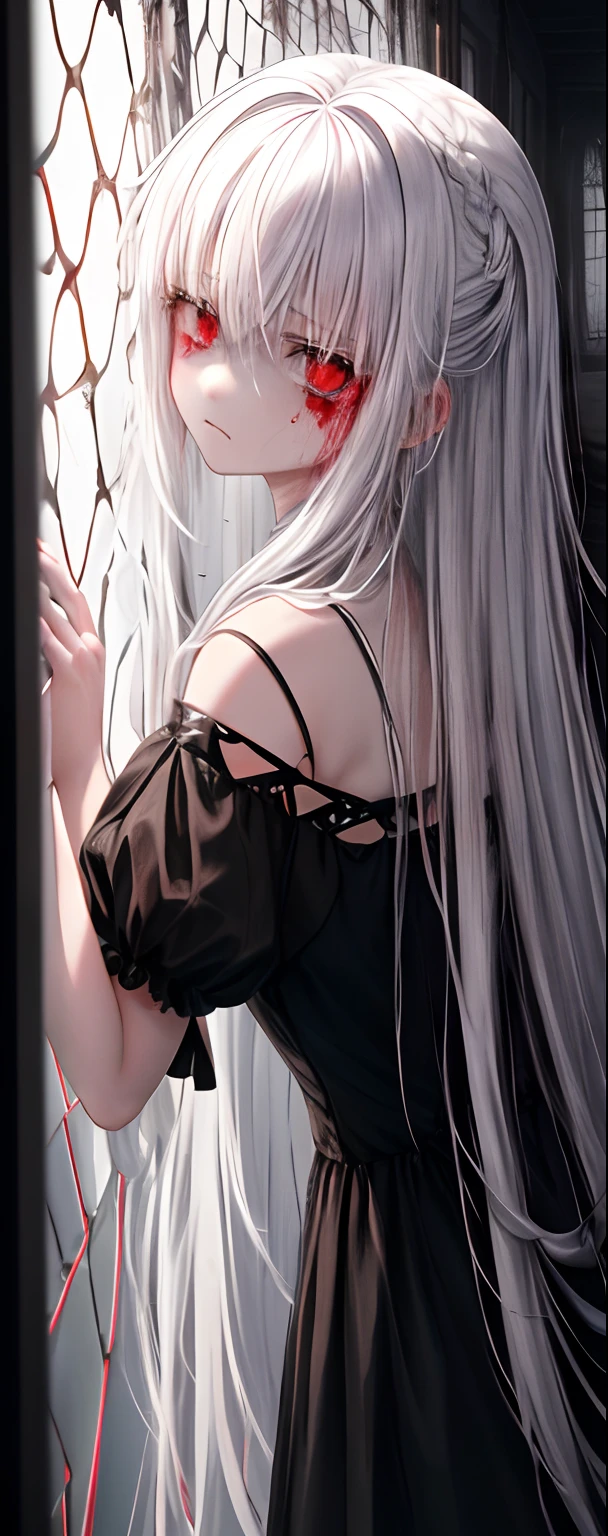 (original), (masterpiece) , (best quality), (reality),photorealistic, Octane rendering, (surreal:1.1), perfect features,1 girl, colorful,translucent hair, (glowing inner hair),the perfect appearance,[pink eyes | blue eyes],grey hair,hime cut,(dress),long hair,barefoot sandals,bare shoulder,(chiaroscuro lighting:1.2),(flat color:1.1),(lying on stomach:1.25),(li),elf,(from above:1.25),fox ears,looking at viewer,(cowboy shot:1.25),from back,(face Focus),(from back:1.2),(white skirt:1.35)