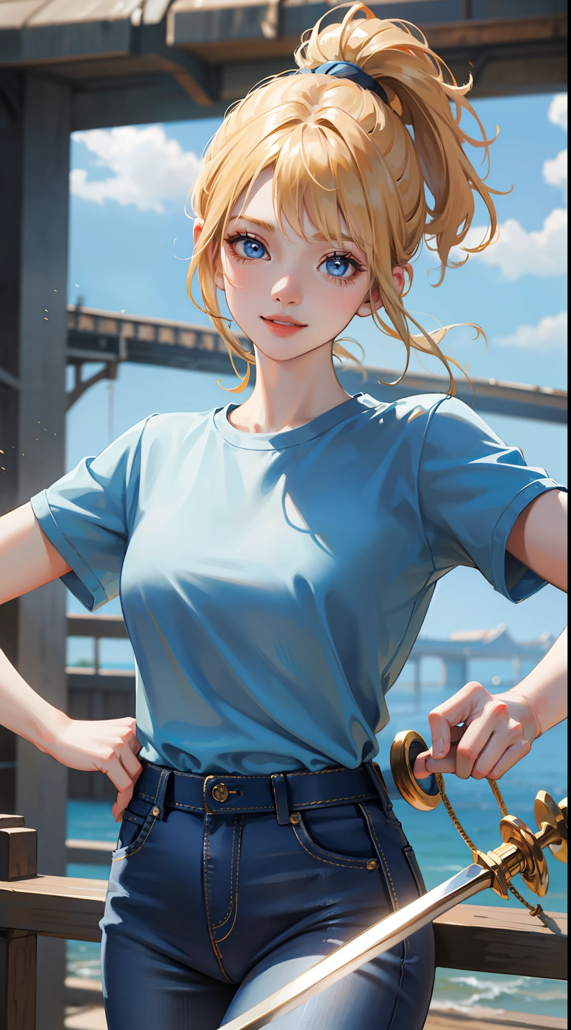 young girl, short blonde hair, high ponytail, blue eyes, Smile, Blue tight shirt, Jeans, Open Showers, two swords, Fly on ropes, Masterpiece, hiquality, 4k, HD, Good detail