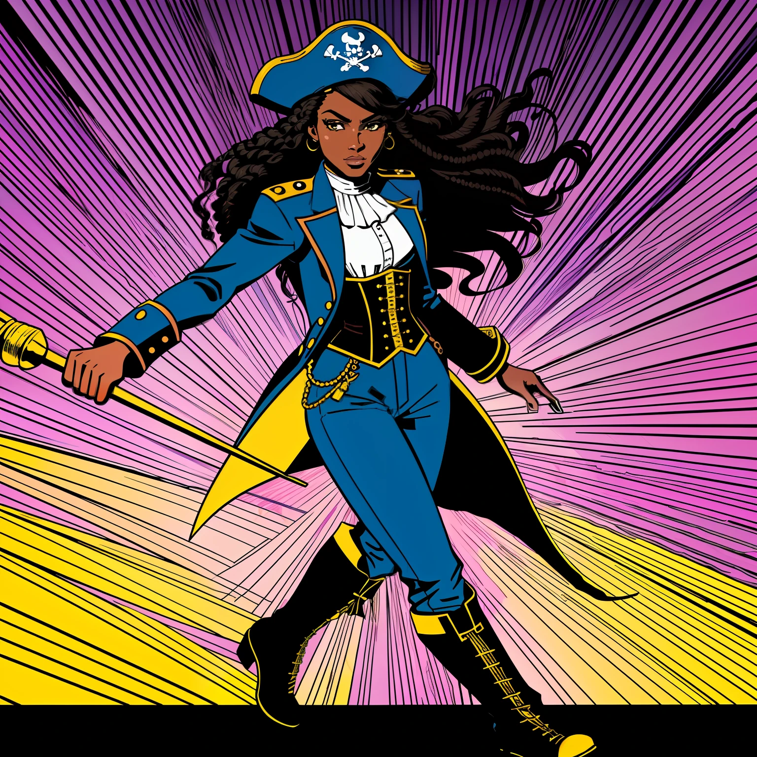 (comic style:1.3), (line art:1.5), (full body),(masterpiece, award winning, best quality:1.3), (flat color:1.3),(colorful:1.3), 1 girl ((solo)), Haitian, standing on a pirate ship, long curly black hair, wearing a blue captains jacket, captains hat, purple pants, corset, pirate ship, cinematic, masterpiece, detailed background, detailed material textures, serious, realistic 1.35, muscular 1.2