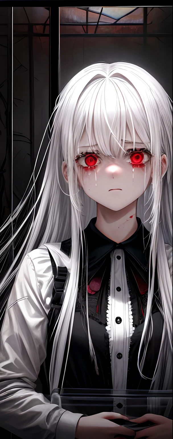 1girll, White hair, Red eyes, (teens girl_Shot:1.2), Face focus, Long hair, side locks,Collapsed crying,Extreme panic,After being violated ,Scared,(terrified:1.1) expression, holding teddy bear, Atmospheric lighting, Moody, Darkness, In an abandoned old museum, Clear glass display case full of interesting items, Dusty, Post-apocalypse, spiderwebs, masterful, Beautiful 8k wallpaper, Extremely detailed, Intricate,Wear a black and white dress,Broken clothes,Bleeding in the lower body