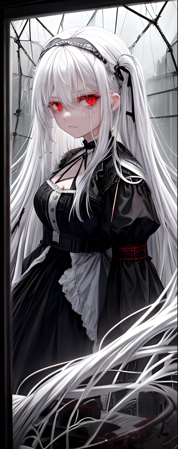 1girll, White hair, Red eyes, (teens girl_Shot:1.2), Face focus, Long hair, side locks,Collapsed crying,Extreme panic,After being violated ,Scared,(terrified:1.1) expression, holding teddy bear, Atmospheric lighting, Moody, Darkness, In an abandoned old museum, Clear glass display case full of interesting items, Dusty, Post-apocalypse, spiderwebs, masterful, Beautiful 8k wallpaper, Extremely detailed, Intricate,Wear a black and white dress,Broken clothes,Bleeding in the lower body