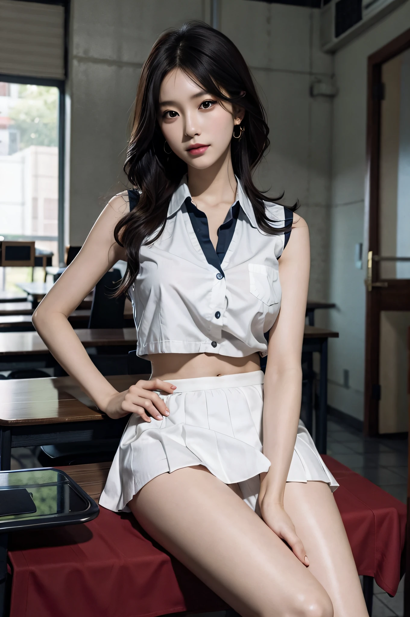 (very huge breasts, perfect anatomy:1.4), (short hair, wavy hair, full body:1.1), (Korean school uniform, summer school uniform shirt, sleeveless,:1.4), whole body, RAW photo, extremely delicate and beautiful, masterpiece, Best Quality, ultra high resolution, 16k, hyperrealistic, ultra-detailed, Very detailed CG 8k wallpaper, Beautiful Lighting, Perfect Lightning, Realistic Shadows, super Detailed shiny skin, perfect figure, Japanese woman, late 20s, Slim body, Slim abdomen, very small head, handsome detailed woman, very detailed eyes and face, realistic face proportions, Stunning detailed eyes, Realistic beautiful face, very small face, Realistic small beautiful eyes, double eyelids, makeup, tearful mole, mole on chest, earring, bare legs, beautiful and very thin legs, beautiful and very thin thighs, narrow waist, (cleavage, Soft midriff, Fine Collarbone, off-shoulder:0),