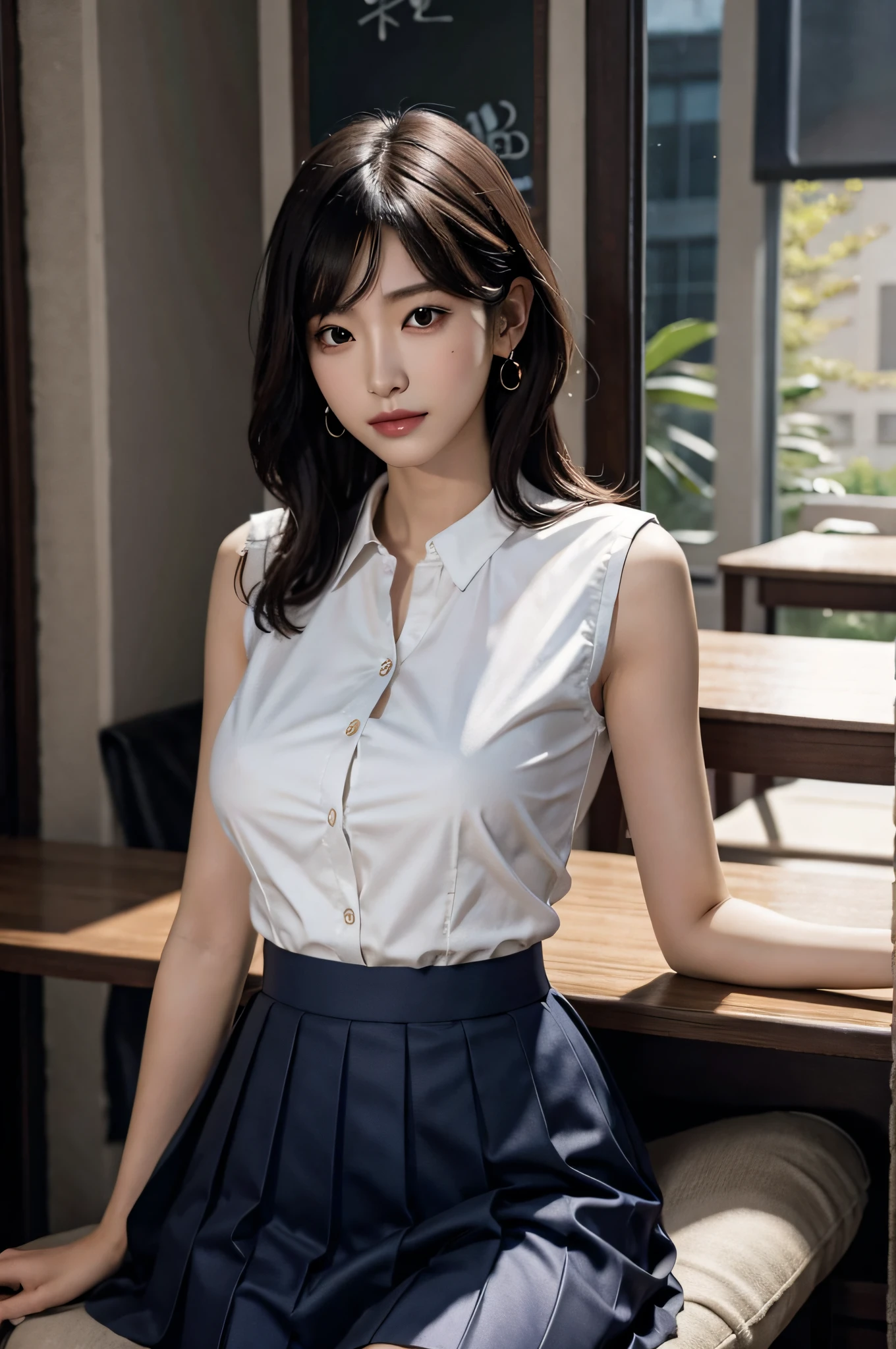 (very huge breasts, perfect anatomy:1.4), (short hair, wavy hair, full body:1.1), (Korean school uniform, summer school uniform shirt, sleeveless,:1.4), whole body, RAW photo, extremely delicate and beautiful, masterpiece, Best Quality, ultra high resolution, 16k, hyperrealistic, ultra-detailed, Very detailed CG 8k wallpaper, Beautiful Lighting, Perfect Lightning, Realistic Shadows, super Detailed shiny skin, perfect figure, Japanese woman, late 20s, Slim body, Slim abdomen, very small head, handsome detailed woman, very detailed eyes and face, realistic face proportions, Stunning detailed eyes, Realistic beautiful face, very small face, Realistic small beautiful eyes, double eyelids, makeup, tearful mole, mole on chest, earring, bare legs, beautiful and very thin legs, beautiful and very thin thighs, narrow waist, (cleavage, Soft midriff, Fine Collarbone, off-shoulder:0),