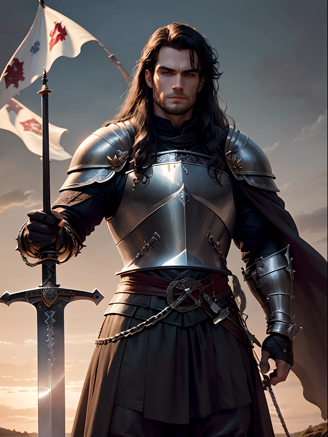 Henry Cavill, as a medieval knight, long hair, robust, grim expression, clad in a chain armour, ((large sword in hand:1.3)), blood in the armour, standing on a battlefield, corpses and soldiers in background, castle visible at a distance, dusklight, flag fluttering in the horizon
