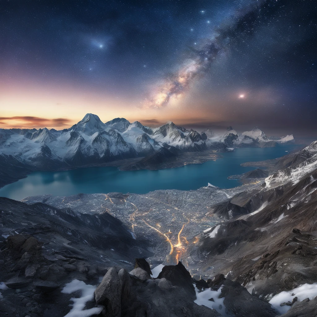 Master Parts、Superior Quality、superior image quality、The 8k quality、、Beautiful pictures of the starry sky、magnifica、Arched Milky Way:1.9、Blue Sea、shooting stars:1.9, Mount Everest:1.9