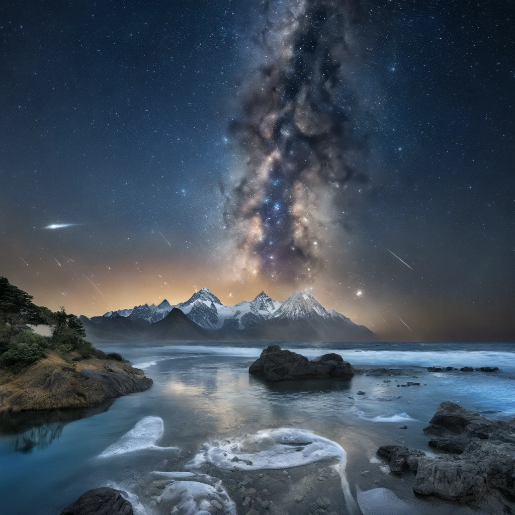 Master Parts、Superior Quality、superior image quality、The 8k quality、、Beautiful pictures of the starry sky、magnifica、Arched Milky Way:1.9、Blue Sea、shooting stars:1.9, Mount Everest:1.9