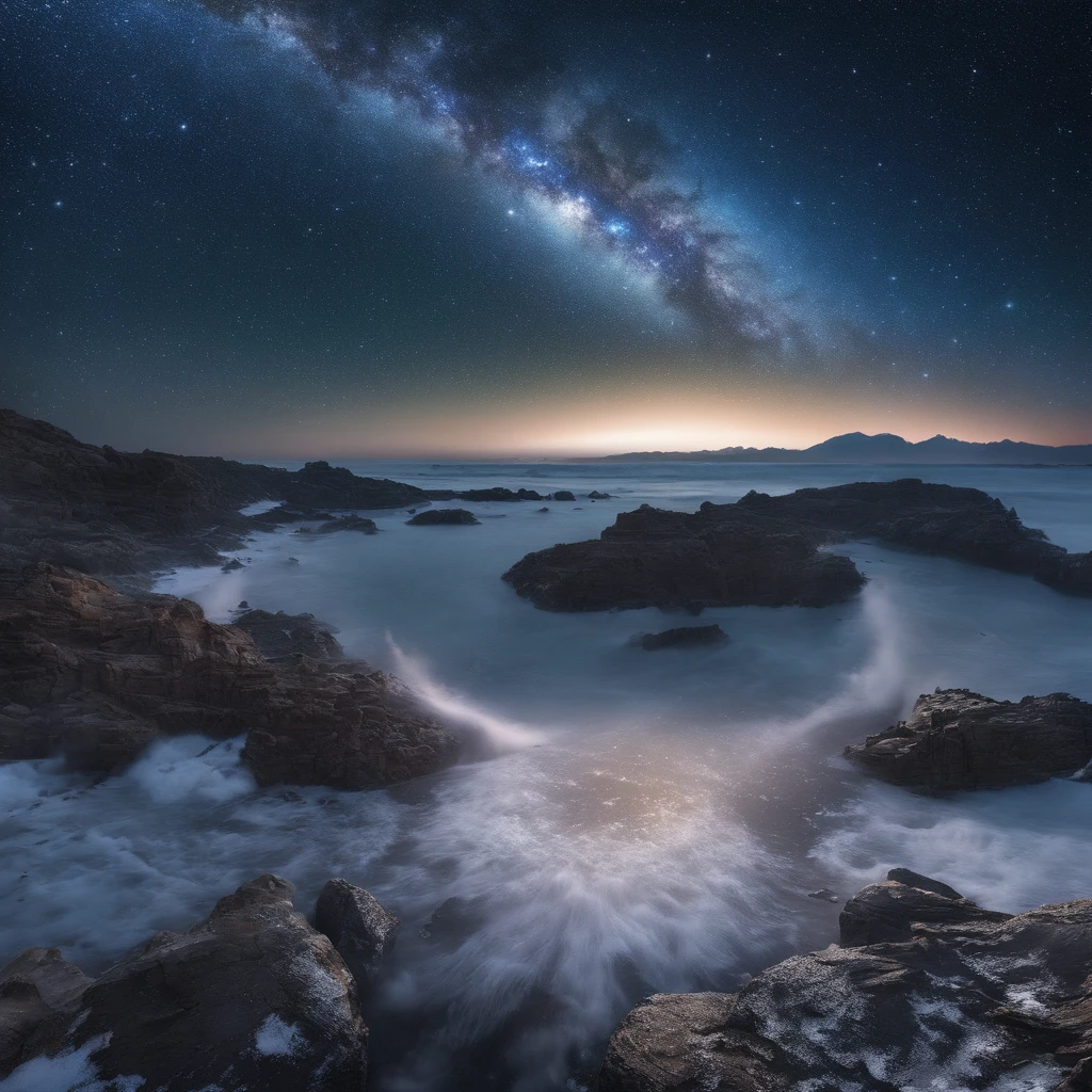 Master Parts、Superior Quality、superior image quality、The 8k quality、、Beautiful pictures of the starry sky、magnifica、Arched Milky Way:1.9、Blue Sea、shooting stars:1.9, Mount Everest:1.9