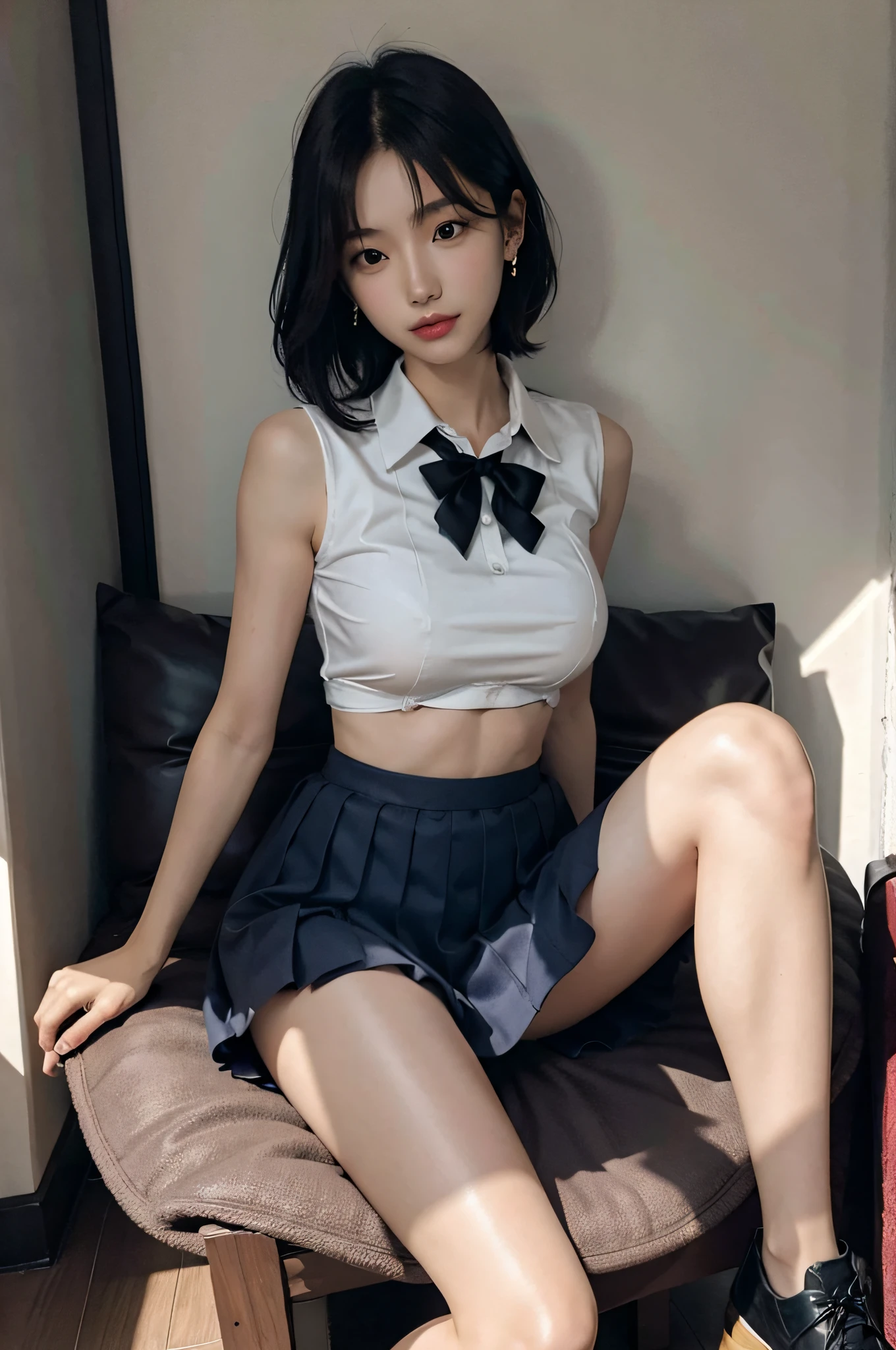 (very huge breasts, perfect anatomy:1.4), (short hair, wavy hair, full body:1.1), (Korean school uniform, summer school uniform shirt, sleeveless,:1.4), whole body, RAW photo, extremely delicate and beautiful, masterpiece, Best Quality, ultra high resolution, 16k, hyperrealistic, ultra-detailed, Very detailed CG 8k wallpaper, Beautiful Lighting, Perfect Lightning, Realistic Shadows, super Detailed shiny skin, perfect figure, Japanese woman, late 20s, Slim body, Slim abdomen, very small head, handsome detailed woman, very detailed eyes and face, realistic face proportions, Stunning detailed eyes, Realistic beautiful face, very small face, Realistic small beautiful eyes, double eyelids, makeup, tearful mole, mole on chest, earring, bare legs, beautiful and very thin legs, beautiful and very thin thighs, narrow waist, (cleavage, Soft midriff, Fine Collarbone, off-shoulder:0),
