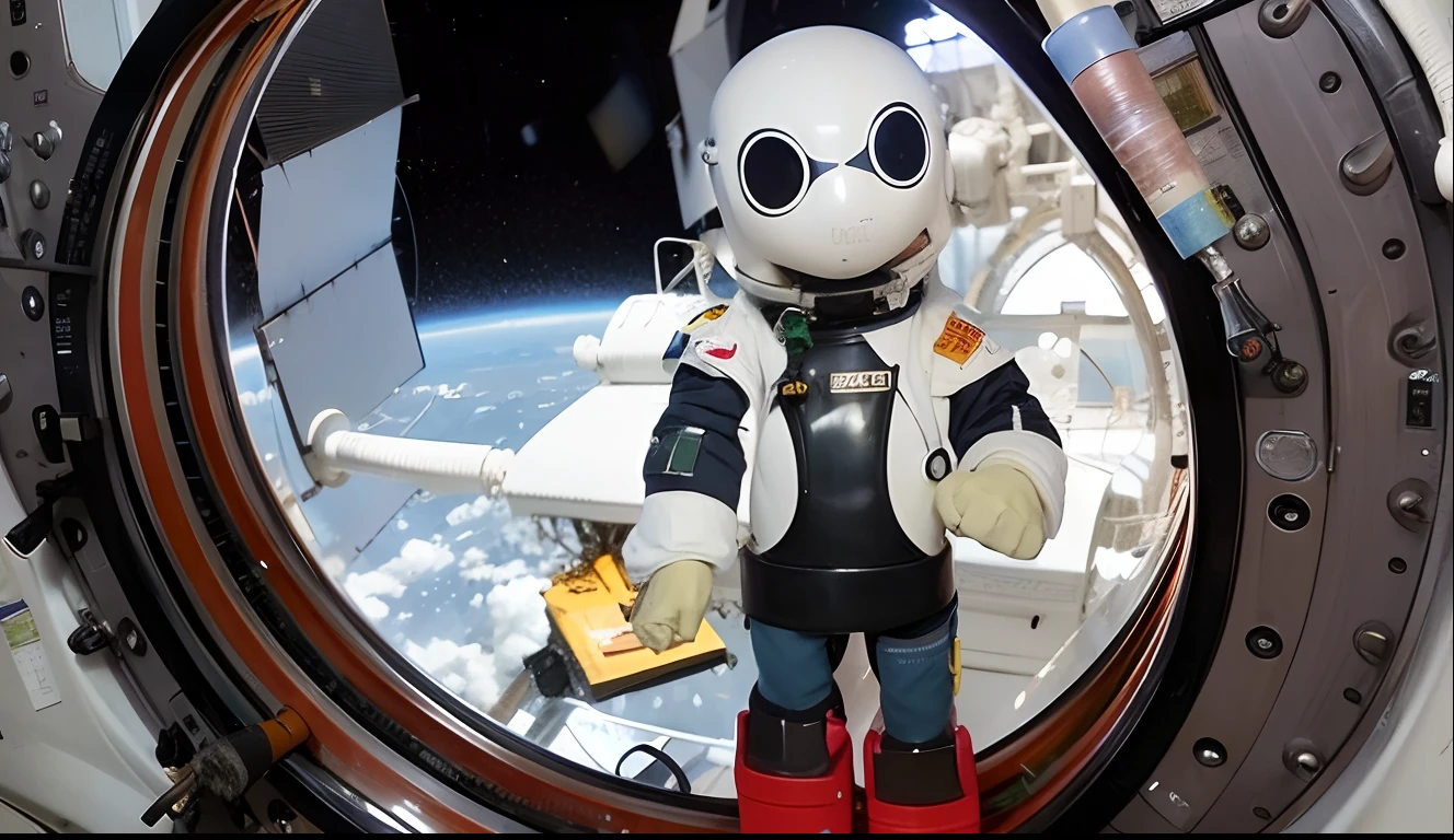 Arafed astronaut on a space station looking out a window, Wear a small spacesuit, In front of the window of the space station, on the space station, en traje espacial, Traje presurizado espacial, con un traje espacial puesto, on a spacestation, In intergalactic Japan, on a spacestation, Hiroyuki Kato, Spacesuit, Usa un traje espacial