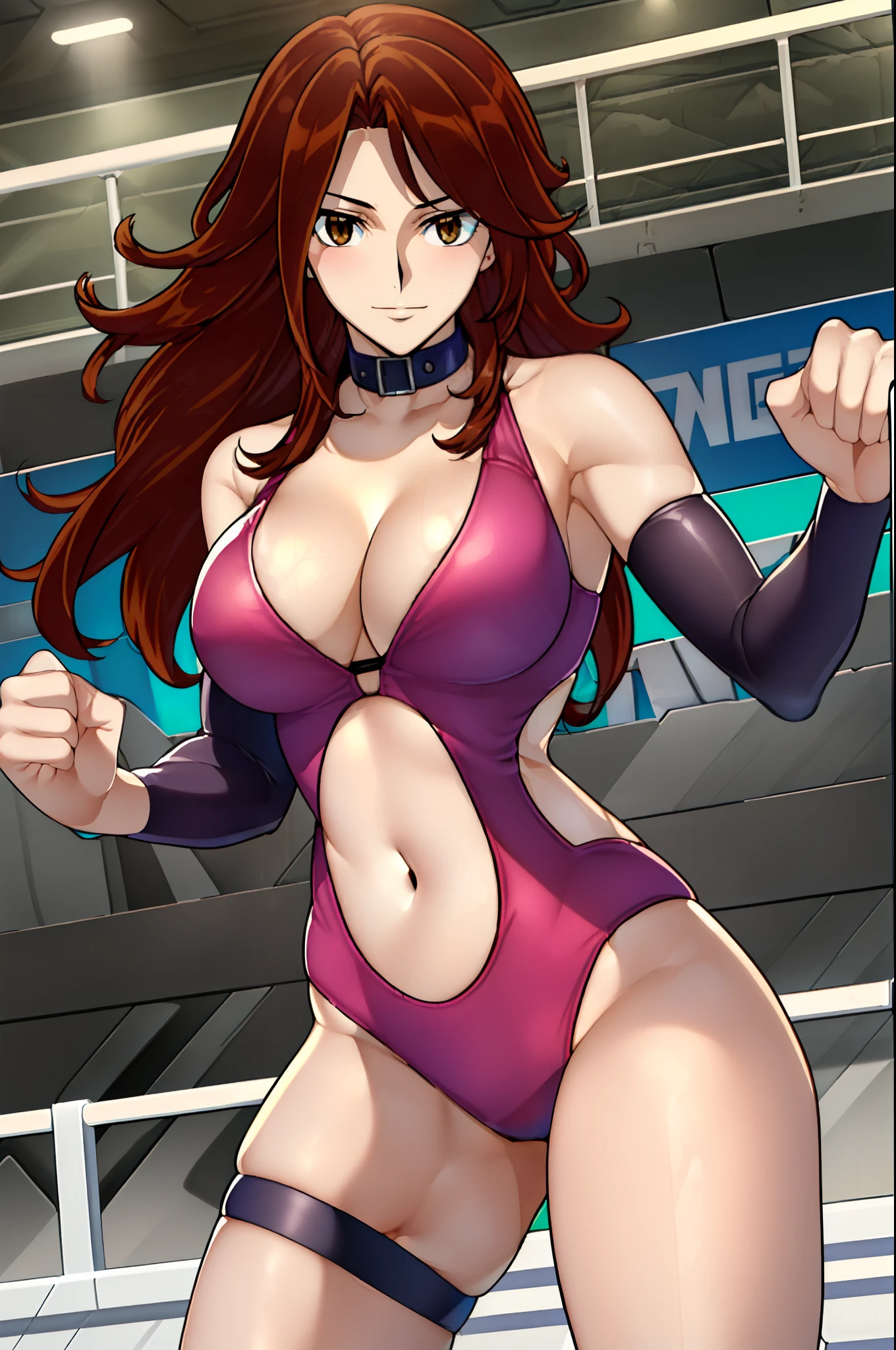 cowboy shot, ultra detailed face, ultra detailed body, 4k, Sumergai Lee Noriega, best quality, anime style, hires, highest definition, digital blending, bold drawing lines, ((slender body, female wrestler), (location: wrestling arena, crowds watching), (slender body, broad shoulders), mature woman, (wrestling gear, collar band), victorious, gorgeous, winner, smile, (closed mouth), (pale skin, shiny skin, lighting and shadow), (big breasts), (warming up), closed fists, (long hair), 27 years old,