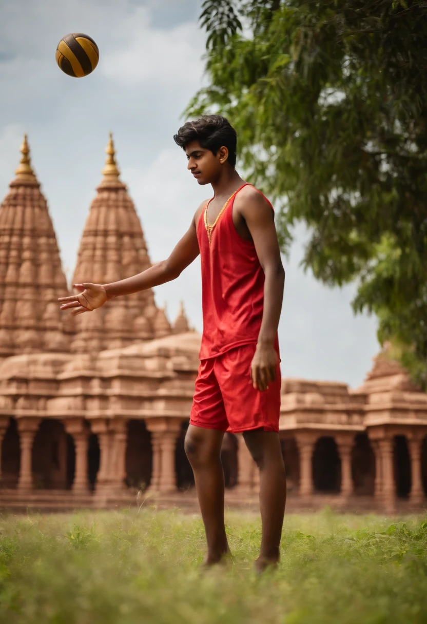 few naked Indian teen (male,-17) wi faint mustache and with large penis playing volley ball near Dravidian style Hindu temple very realistic 8k