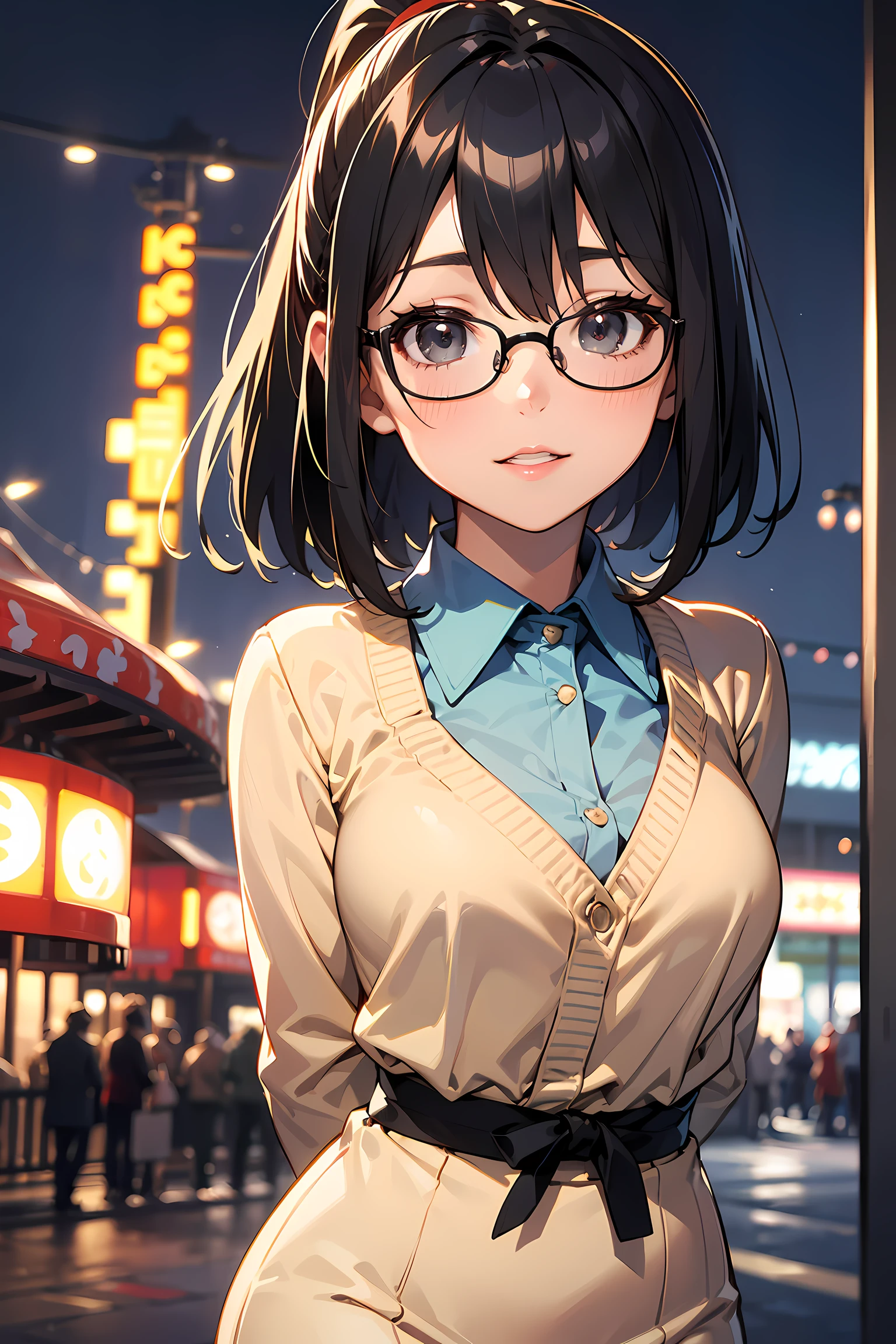 high resolution, Photo of a beautiful woman detailed_face, young handsome girl,realistic:0.5, perfect skin, (wearing a glasses:1.5), (ultra-detailed background, detailed background), bokeh, make happy expressions, happy emotion, gorgeous,pure, beautyfull detailed face and eyes,breasts, (black eyes:1.1), (a extremely pretty and beautiful Japanese woman), (sexy girl), (professional attire:1.3), (22 years old: 1.1), BREAK, (lovely outfit:1.2), (detailed blue collared shirt:1.2), (beige pencil skirt:1.2), (leather boots))), cleavage, beautiful detailed skin, (cute:1.2), (black hair), ((jpop idol)), (upper thigh:0.6), (depth of field),soft light, Lens Glow looking at viewer, (Drooping eyes:1.2), straight teeth,smile, floating hair, (black hair:1.2), brown eyes BREAK scene, cinematic, full colors, 4k, 8k, 16k, RAW photo, masterpiece, professionally color graded, professional photography, high school girl, hair up, , soft clean focus, realistic lighting and shading, (an extremely delicate and beautiful art)1.3, elegant,active angle,dynamism pose BREAK (ponytail:1.3), (shiny-black thin hair:1.2), bangs, dark brown eyes, beautiful eyes, princess eyes, (big eyes:1.3), bangs, wearing a glasses:1.3, Hair between eyes, short hair:1.3, (slender:1.1), (medium-breasts:0.95), (thin waist: 1.15), (detailed beautiful girl: 1.4), Parted lips, Red lips, full-make-up face, (shiny skin), ((Perfect Female Body)), (upper body image:1.3), Perfect Anatomy, Perfect Proportions, (most beautiful Korean actress face:1.3, extremely cute and beautiful Japanese actress face:1.3), ,(1glasses girl:1.3, solo), ,(blush:1.1), gray background, solo focus, (bust shot:1.2), cinematic light, (nostalgic night scene:1.4), (amusement park:1.4), (merry-go-round、the Ferris wheel、rollercoaster), (arms behind back :1.4), (looking at viewer:1.2