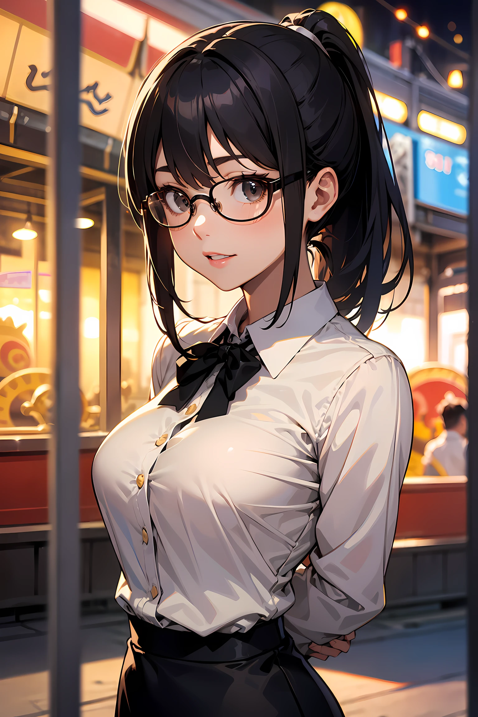 high resolution, Photo of a beautiful woman detailed_face, young handsome girl,realistic:0.5, perfect skin, (wearing a glasses:1.5), (ultra-detailed background, detailed background), bokeh, make happy expressions, happy emotion, gorgeous,pure, beautyfull detailed face and eyes,breasts, (black eyes:1.1), (a extremely pretty and beautiful Japanese woman), (sexy girl), (professional attire:1.3), (22 years old: 1.1), BREAK, (lovely outfit:1.2), (detailed blue collared shirt:1.2), (beige pencil skirt:1.2), (leather boots))), cleavage, beautiful detailed skin, (cute:1.2), (black hair), ((jpop idol)), (upper thigh:0.6), (depth of field),soft light, Lens Glow looking at viewer, (Drooping eyes:1.2), straight teeth,smile, floating hair, (black hair:1.2), brown eyes BREAK scene, cinematic, full colors, 4k, 8k, 16k, RAW photo, masterpiece, professionally color graded, professional photography, high school girl, hair up, , soft clean focus, realistic lighting and shading, (an extremely delicate and beautiful art)1.3, elegant,active angle,dynamism pose BREAK (ponytail:1.3), (shiny-black thin hair:1.2), bangs, dark brown eyes, beautiful eyes, princess eyes, (big eyes:1.3), bangs, wearing a glasses:1.3, Hair between eyes, short hair:1.3, (slender:1.1), (medium-breasts:0.95), (thin waist: 1.15), (detailed beautiful girl: 1.4), Parted lips, Red lips, full-make-up face, (shiny skin), ((Perfect Female Body)), (upper body image:1.3), Perfect Anatomy, Perfect Proportions, (most beautiful Korean actress face:1.3, extremely cute and beautiful Japanese actress face:1.3), ,(1glasses girl:1.3, solo), ,(blush:1.1), gray background, solo focus, (bust shot:1.2), cinematic light, (nostalgic night scene:1.4), (amusement park:1.4), (merry-go-round、the Ferris wheel、rollercoaster), (arms behind back :1.4), (looking at viewer:1.2