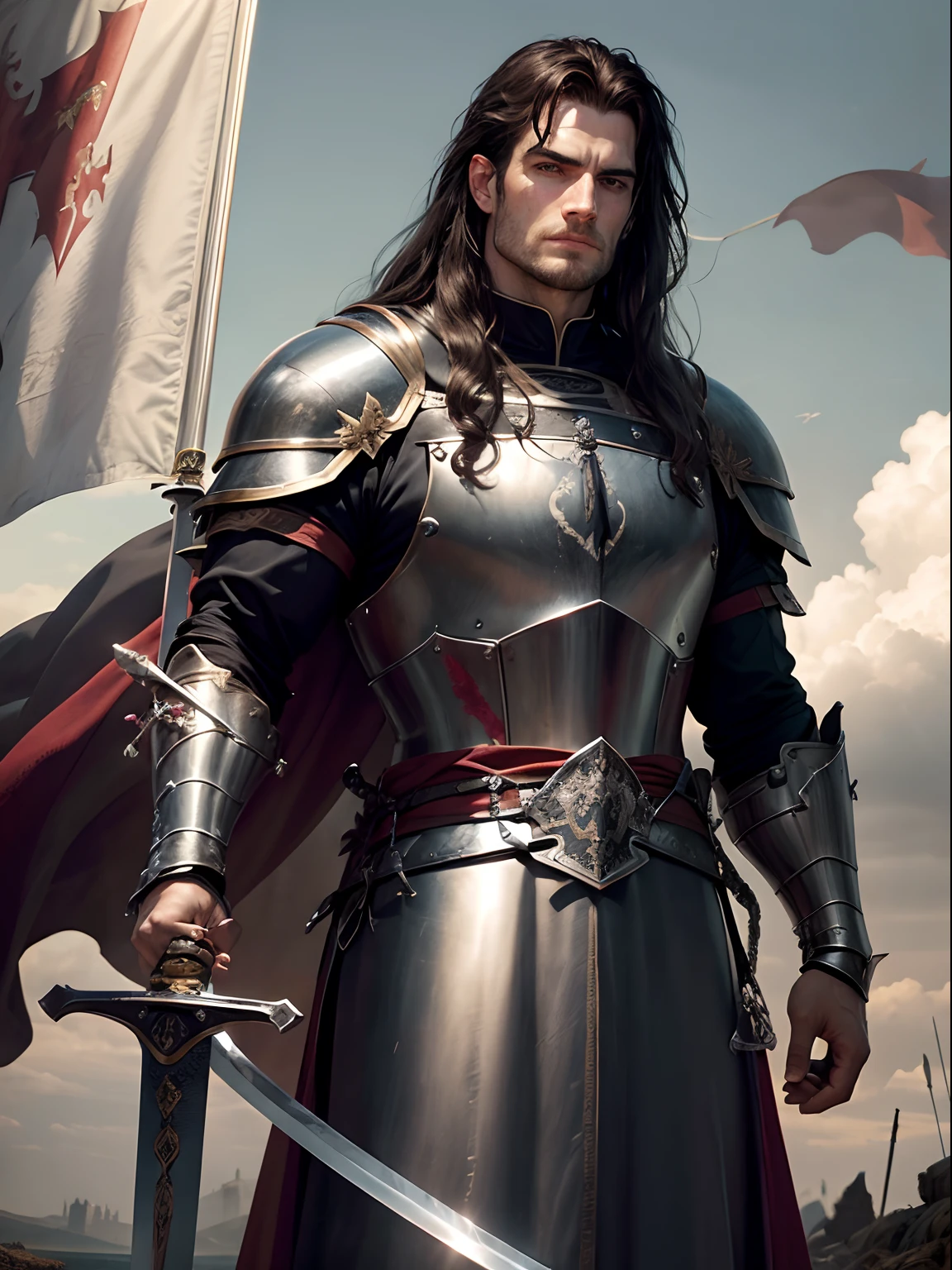 Henry Cavill, as a medieval knight, long hair, robust, grim expression, clad in a chain armour, ((large sword in hand:1.3)), blood in the armour, standing on a battlefield, corpses and soldiers in background, castle visible at a distance, dusklight, flag fluttering in the horizon