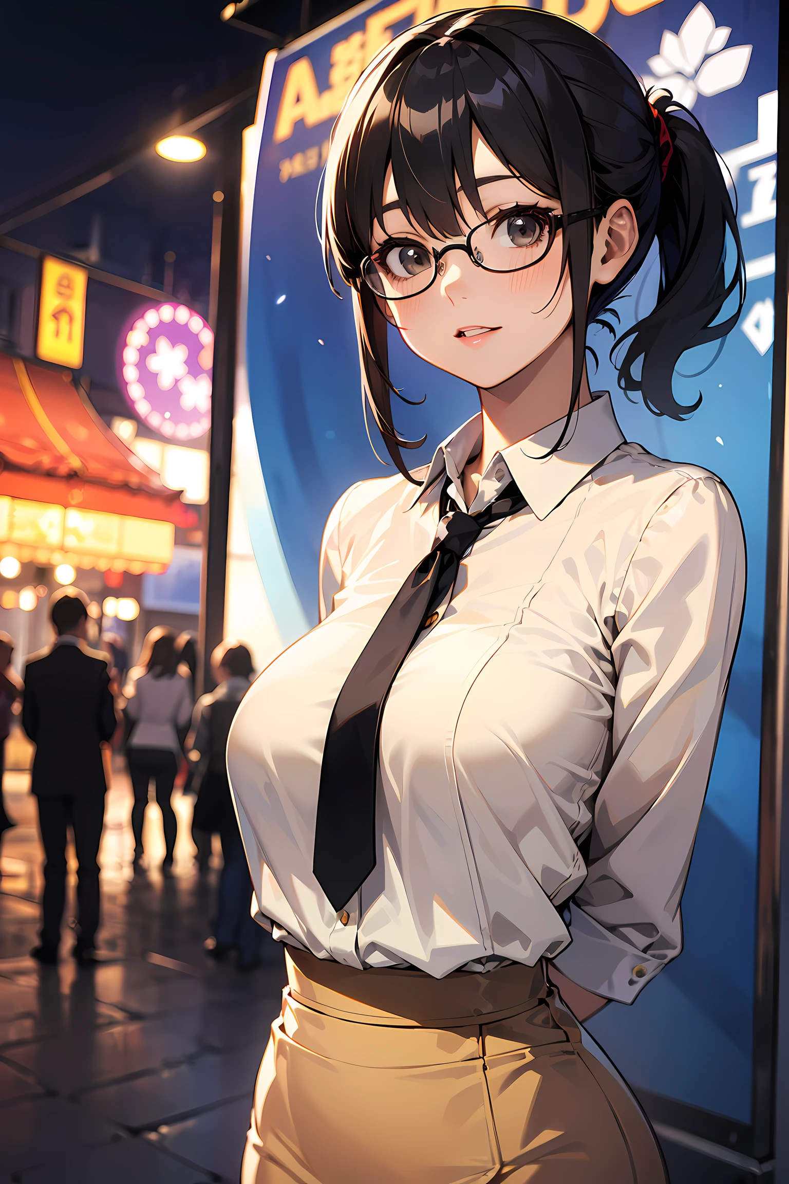 high resolution, Photo of a beautiful woman detailed_face, young handsome girl,realistic:0.5, perfect skin, (wearing a glasses:1.5), (ultra-detailed background, detailed background), bokeh, make happy expressions, happy emotion, gorgeous,pure, beautyfull detailed face and eyes,breasts, (black eyes:1.1), (a extremely pretty and beautiful Japanese woman), (sexy girl), (professional attire:1.3), (22 years old: 1.1), BREAK, (lovely outfit:1.2), (detailed blue collared shirt:1.2), (beige pencil skirt:1.2), (leather boots))), cleavage, beautiful detailed skin, (cute:1.2), (black hair), ((jpop idol)), (upper thigh:0.6), (depth of field),soft light, Lens Glow looking at viewer, (Drooping eyes:1.2), straight teeth,smile, floating hair, (black hair:1.2), brown eyes BREAK scene, cinematic, full colors, 4k, 8k, 16k, RAW photo, masterpiece, professionally color graded, professional photography, high school girl, hair up, , soft clean focus, realistic lighting and shading, (an extremely delicate and beautiful art)1.3, elegant,active angle,dynamism pose BREAK (ponytail:1.3), (shiny-black thin hair:1.2), bangs, dark brown eyes, beautiful eyes, princess eyes, (big eyes:1.3), bangs, wearing a glasses:1.3, Hair between eyes, short hair:1.3, (slender:1.1), (medium-breasts:0.95), (thin waist: 1.15), (detailed beautiful girl: 1.4), Parted lips, Red lips, full-make-up face, (shiny skin), ((Perfect Female Body)), (upper body image:1.3), Perfect Anatomy, Perfect Proportions, (most beautiful Korean actress face:1.3, extremely cute and beautiful Japanese actress face:1.3), ,(1glasses girl:1.3, solo), ,(blush:1.1), gray background, solo focus, (bust shot:1.2), cinematic light, (nostalgic night scene:1.4), (amusement park:1.4), (merry-go-round、the Ferris wheel、rollercoaster), (arms behind back :1.4), (looking at viewer:1.2