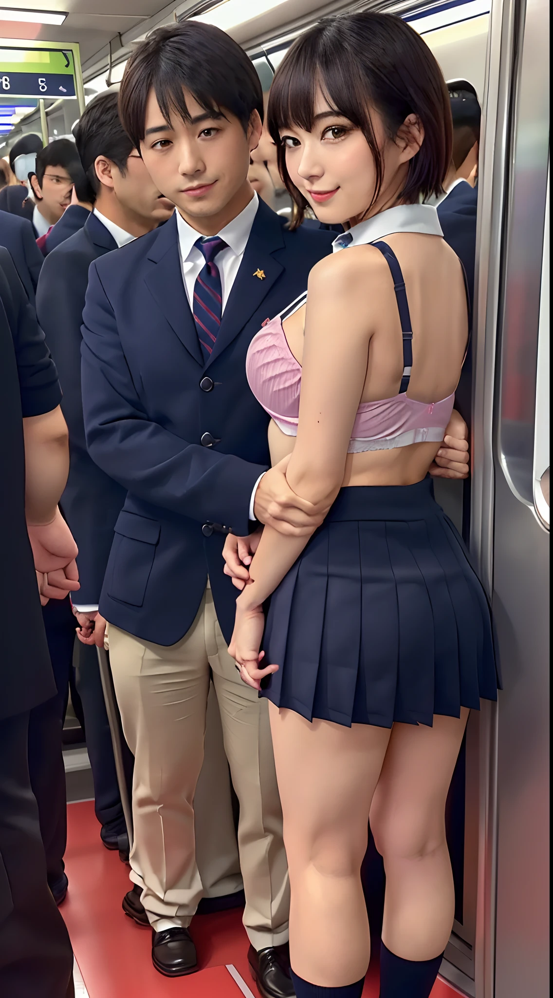 (8K, 超A high resolution, Best Quality, masutepiece:1.2),(18year old:1.2)、(Look away)、8K、RAW portrait of japanese girl、Photorealsitic、超A high resolution、top-quality、 (quite massive chest、cleavage of the breast:1.2)(girl Duo、black brassiere、Navy Pleated Mini Skirt:1.3)、(Standing on a crowded train、A man puts his hand quite a bit inside your underwear、Chest rubbing、Grabbed by the chest、Touching the buttocks:1.35) Charming smile、(Short-haired black hair、Black loafers、Navy Socks:1.2)