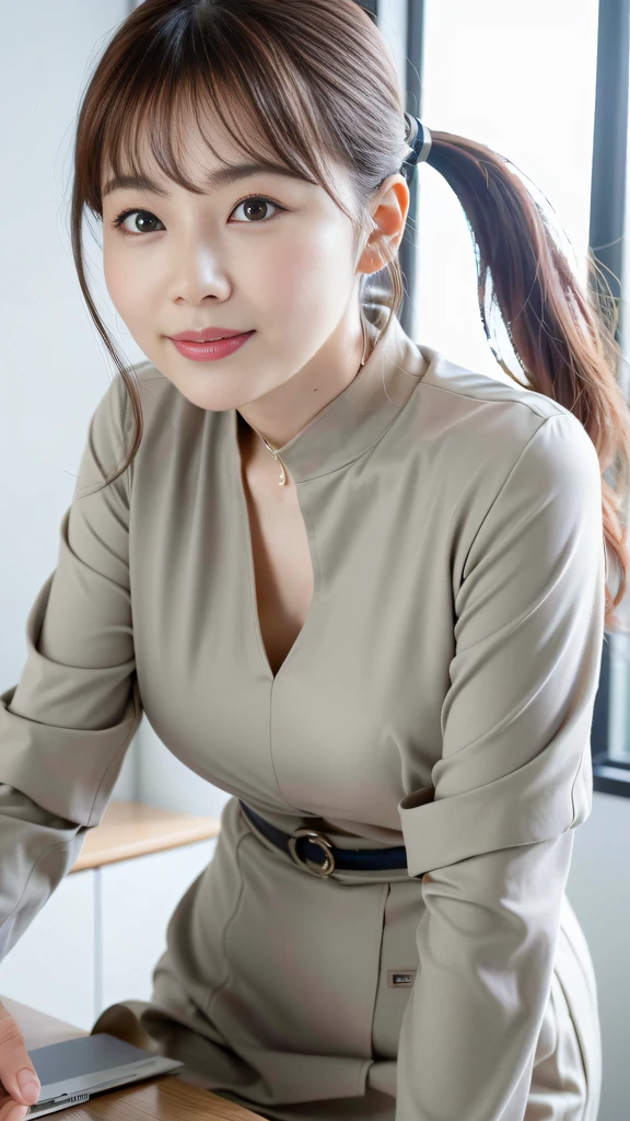 (Best quality, 8k, 32k, Masterpiece, UHD:1.2), 1 girl, ((close up;0.5)), beautiy Japanese office lady, (smile:0.5), (looking at the viewer), bit chubby, grey suit, grey skirt, white shirt, office room, desk, detailed beautiful face, pony-tail hair, from below,