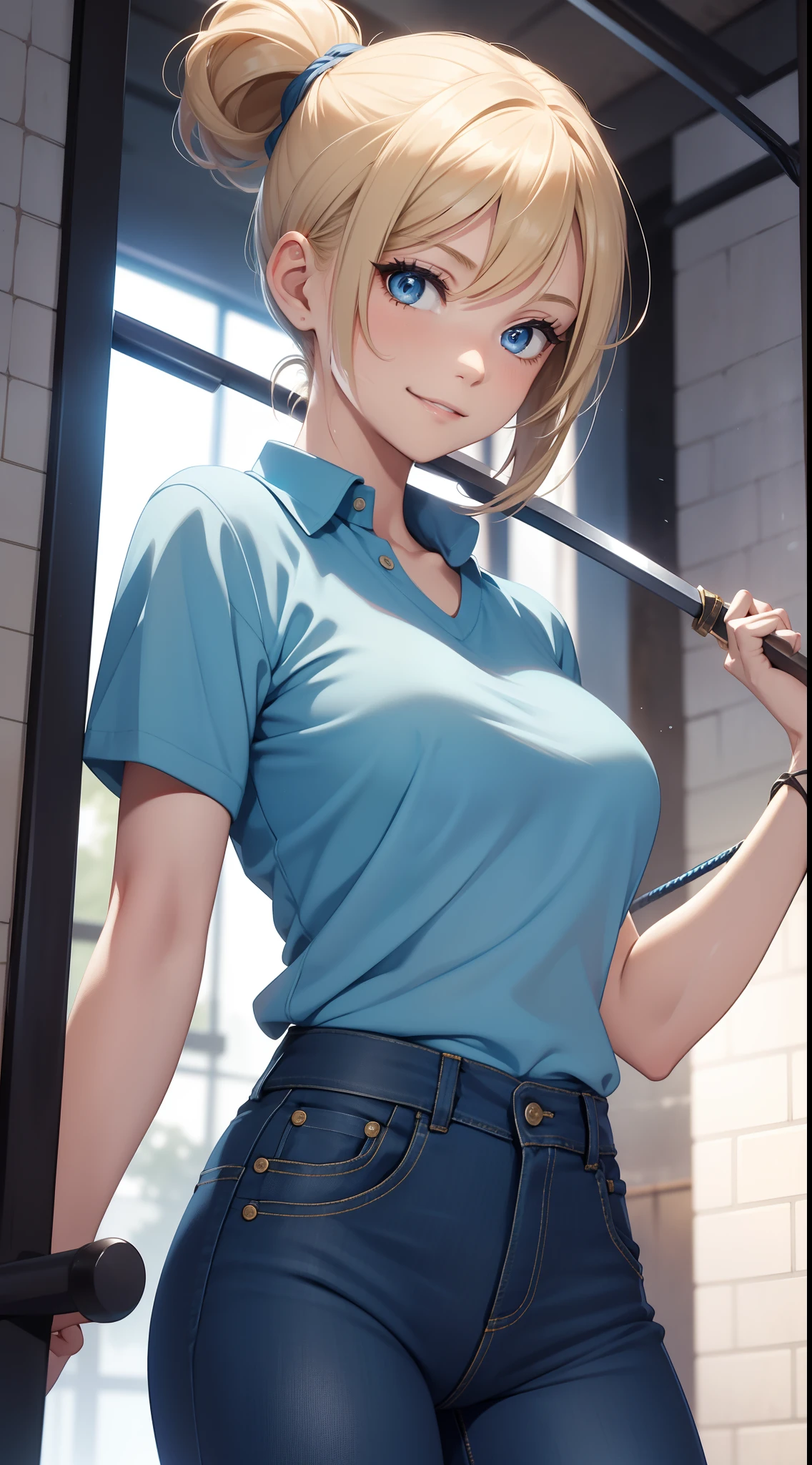 blonde hair,blue_eyes,bob cut, blue_hairband,very_long_hair,floating_hair, blush, lipstick, masterpiece, best quality, ((unbuttoned , cleavage, necklace, earrings, sexy body, breasts)) , micro skirt, smiling, navel , exposed belly, exposed navel,(nsfw) not safe for work,school, knot, classroom , holding a gun, hold a gun,