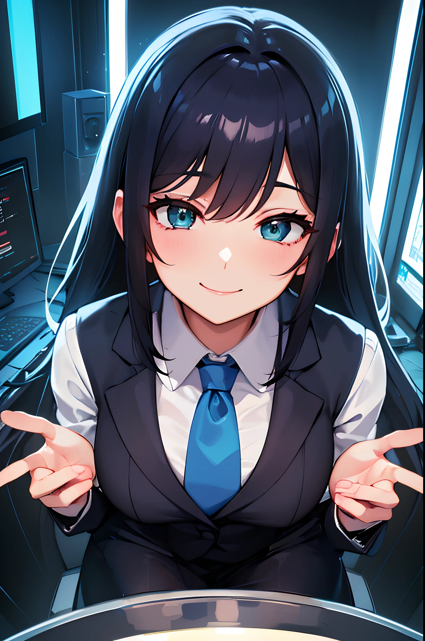 buisness woman smiling and sitting ontop a desk with her hands off to the sides inside of an high tech office workplace, futuristic, portrait of buisness woman, dressed in a formal light blue buisness suit, light blue ribbon tie, girl portrait aerial view, black dyed hair, dark green eyes, office lady, office background, ,extremely detailed, 4k detail, soft lines.