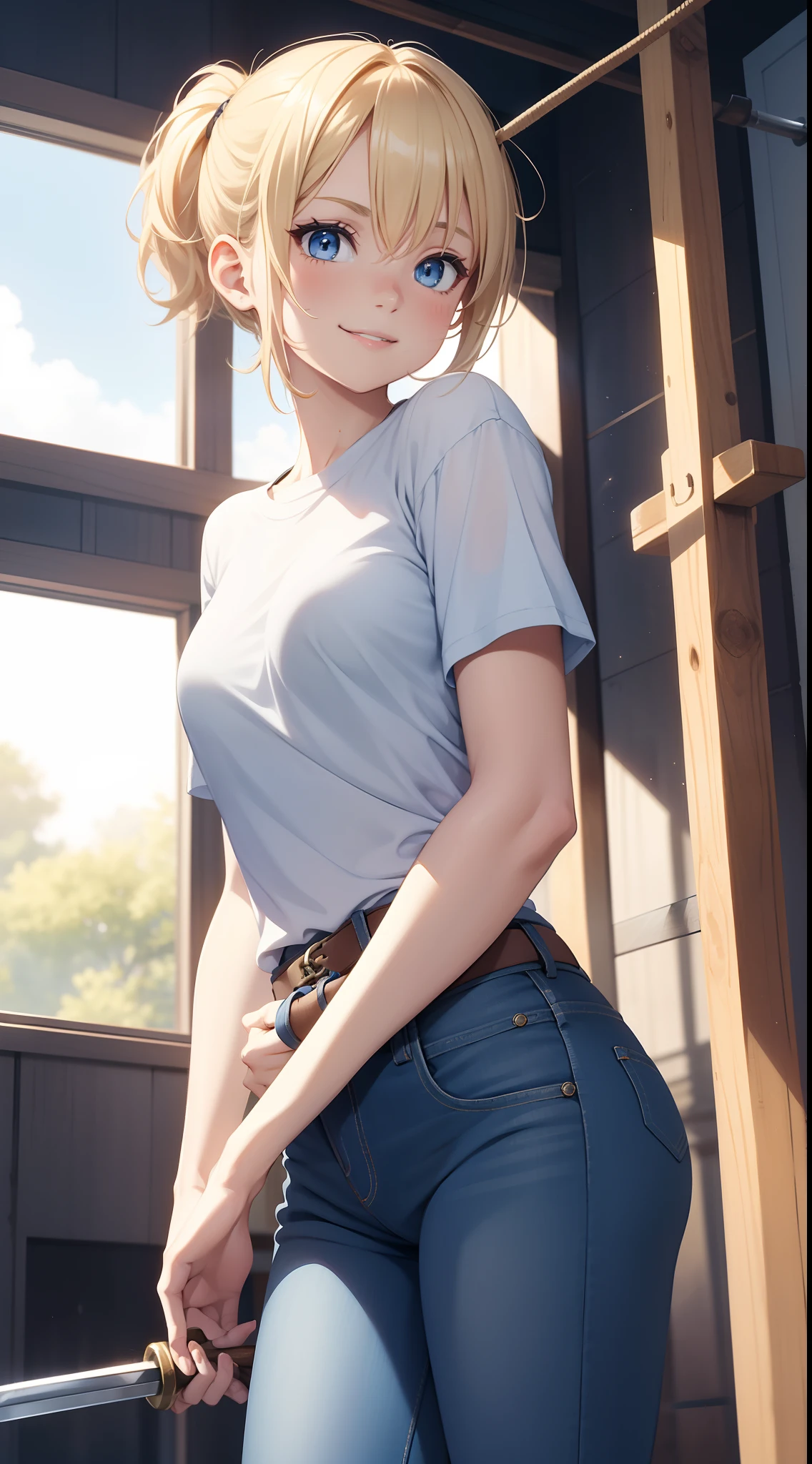 young girl, short blonde hair, high ponytail, blue eyes, Smile, Blue tight shirt, Jeans, Open showers, two swords, Fly on ropes, Masterpiece, hiquality, 4k, HD, Good detail