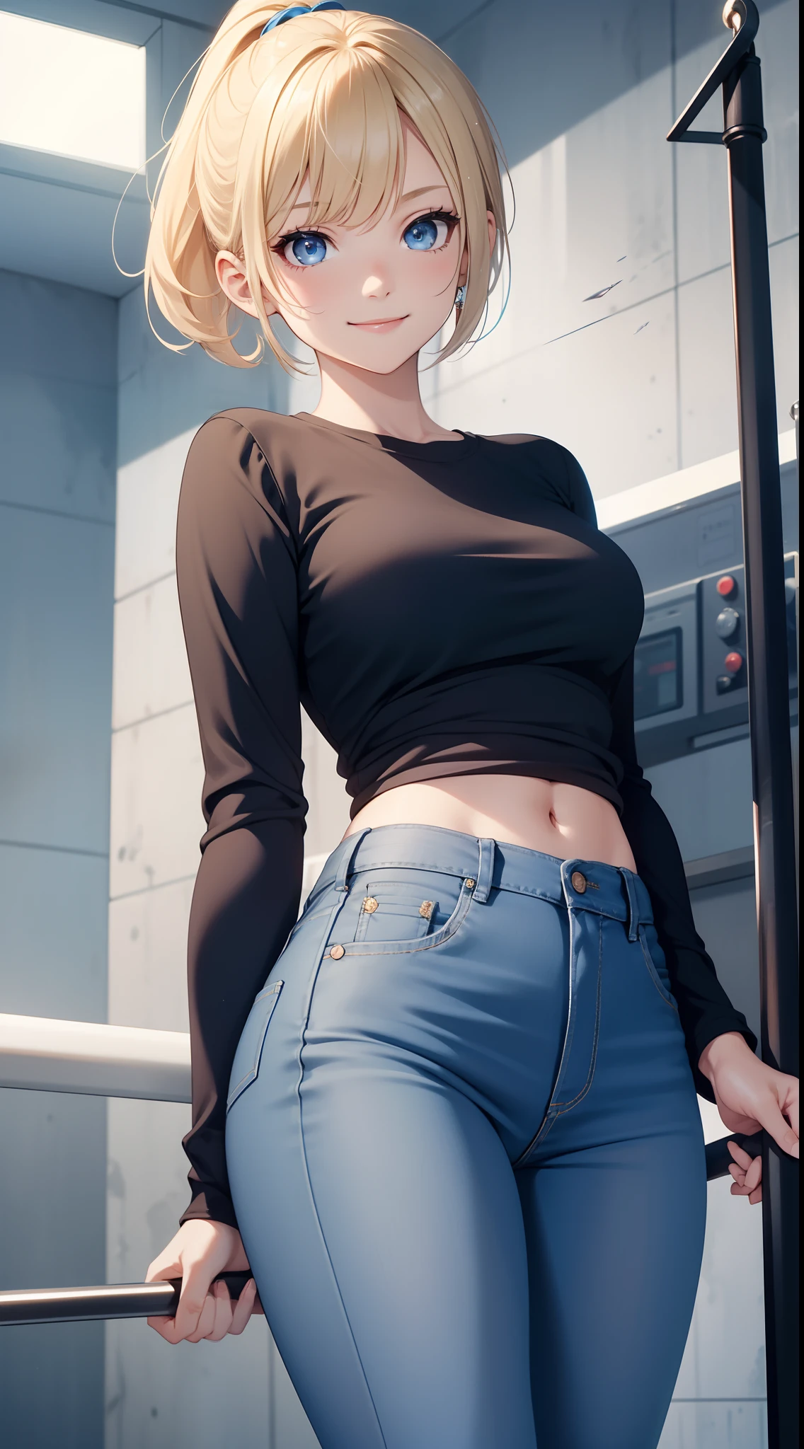 young girl, short blonde hair, high ponytail, blue eyes, Smile, Blue tight shirt, Jeans, Open showers, two swords, Fly on ropes, Masterpiece, hiquality, 4k, HD, Good detail