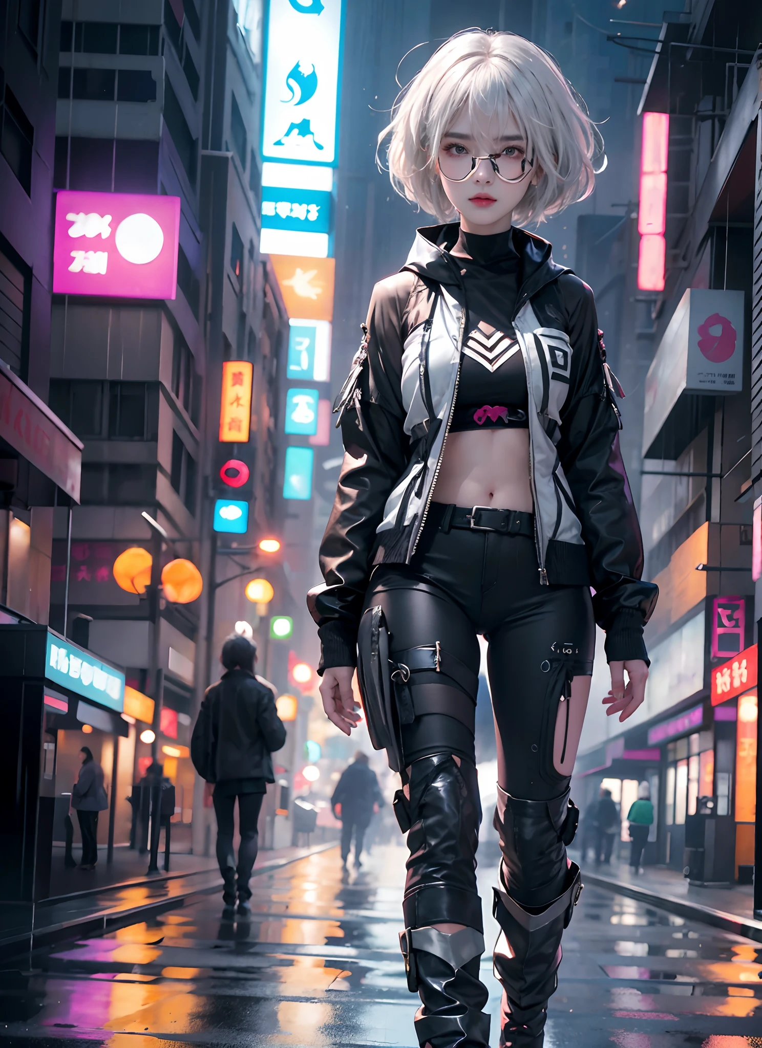 photorealistic, high resolution, 1women, solo, hips up, look at viewer, (detailed face), narrow waist, closed lips, white hair, short hair, bangs, bare shoulders, bell, black gloves, black pantyhose, blush, breasts, chinese knot, horn, detached sleeves, jewelry