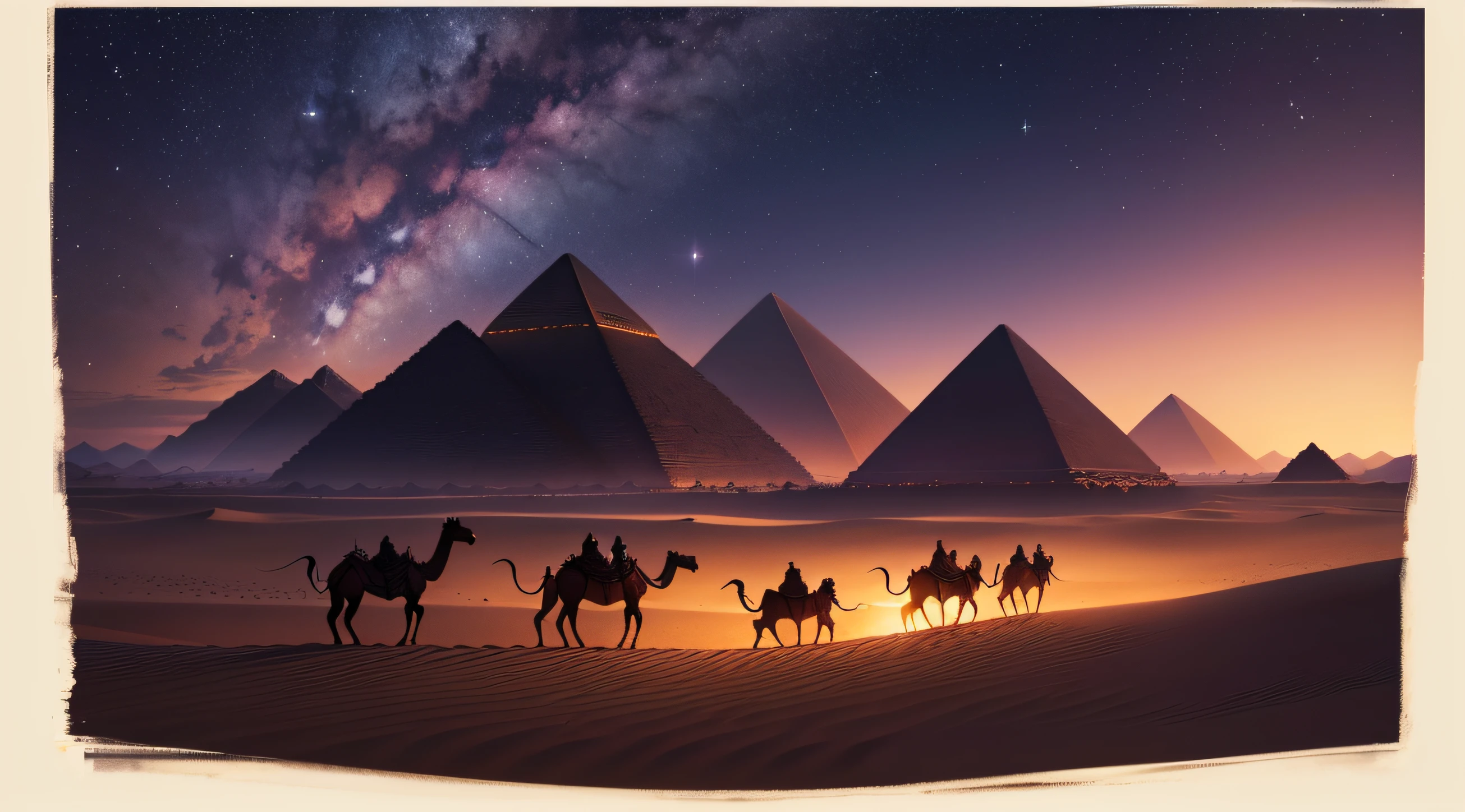 a camel caravan in the desert at night, egyptian landscape, arabian night, dark desert background, egypt themed art, pyramids in the desert, 4 k hd illustrative wallpaper, pyramids in background, background artwork, pyramids in the background, arabian nights, egyptian setting, egyptian environment, illustration”, 4 k hd wallpaper illustration, pyramid background, flat background, egyptian atmosphere, dark purple sky, starry sky, crescent moon in the corner, hills in the backgroung