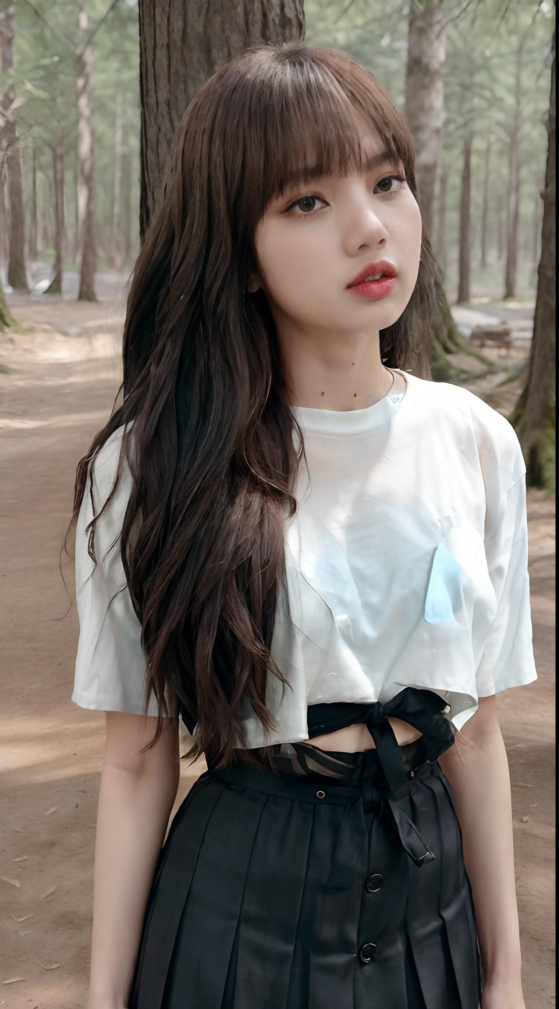 ((Lisa from Blackpink)), t-shirt, tiny pleated skirt, waist-high black tights, high heels, close-up of face, very light skin, short hair, wavy hair, camp, forest, photorealistic, indirect lighting, volumetric light, ray tracing, hyperdetailed, best quality, high resolution, HDR, 8k