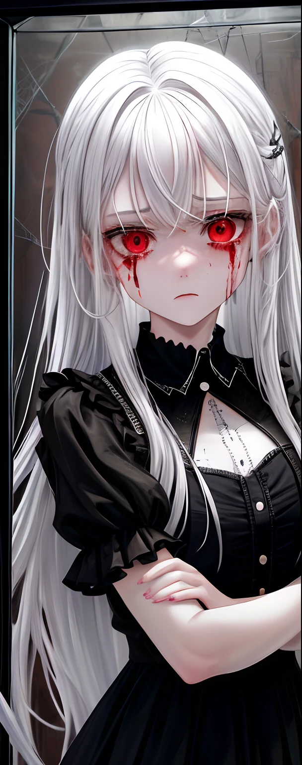 (8k, RAW photo:1.2), (soft focus:1.4), solo, creepy, decadent zombie woman, (bright: 0.7) jade eyes, brightly colored, sitting on the floor, legs open, knees up, groin sight, pale white skin, messy and unwashed white hair, body wounds, half-skull face, in action, (bad: 1.4), (crazy look), (laughs), reaches out to the viewer,  Pale pink arteries, dressed in a magical sukajan with bright runes, cinematic, faded colors, dark photo, muted colors, grainy film, lut, insane details, intricate details,