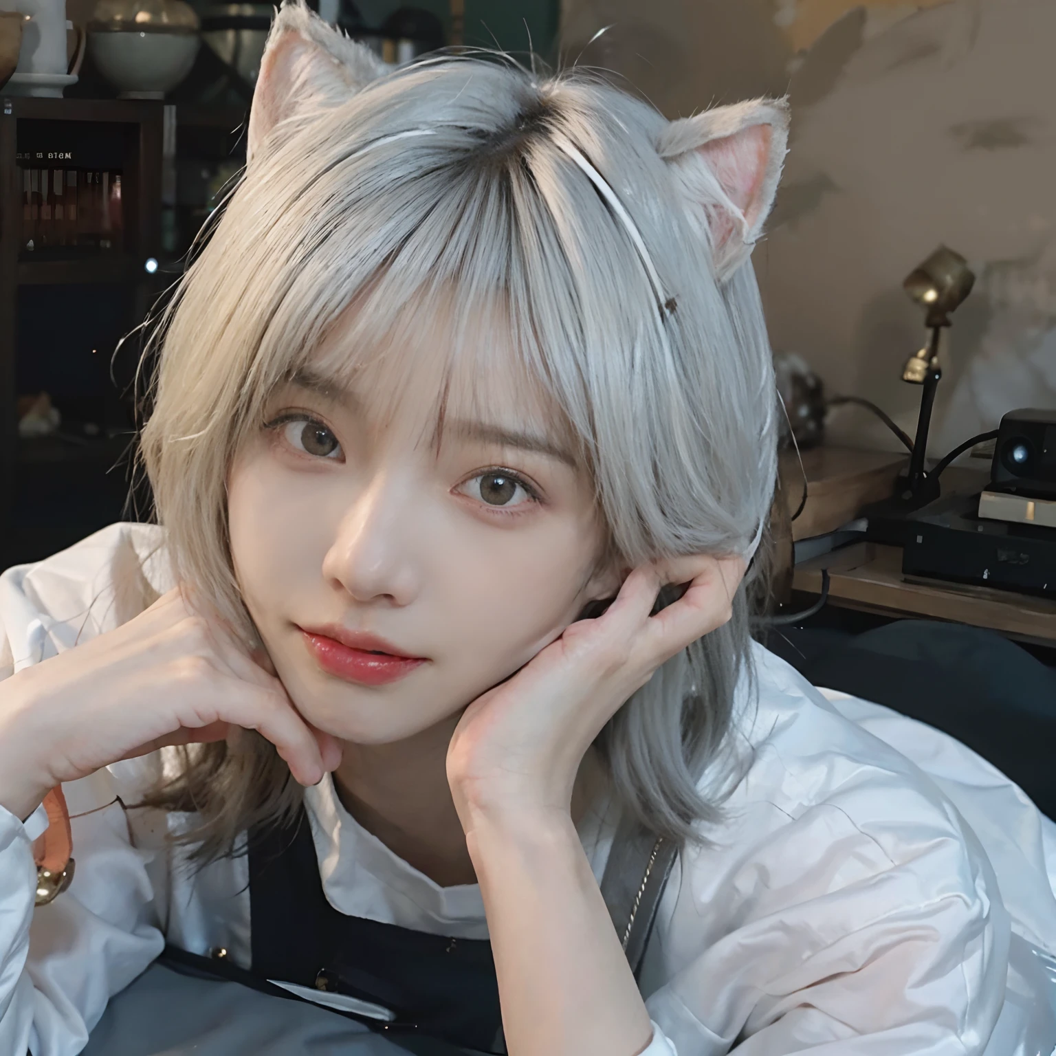 8K,NSFW、‎Classroom、sleep on a desk、(((whitish hair))) 、undersized head、White hair、Best Quality, masutepiece, Ultra High Resolution, (Realism: 1.4), Original photo, Colors inspired by orange、(True skin texture: 1.3), (Film grain: 1.3), Beautiful eyes and face details, masutepiece, Best Quality, close up, Full body, Look at the viewer,Orange Ribbon、Bob cut with gray hair、18year old、White cat ears