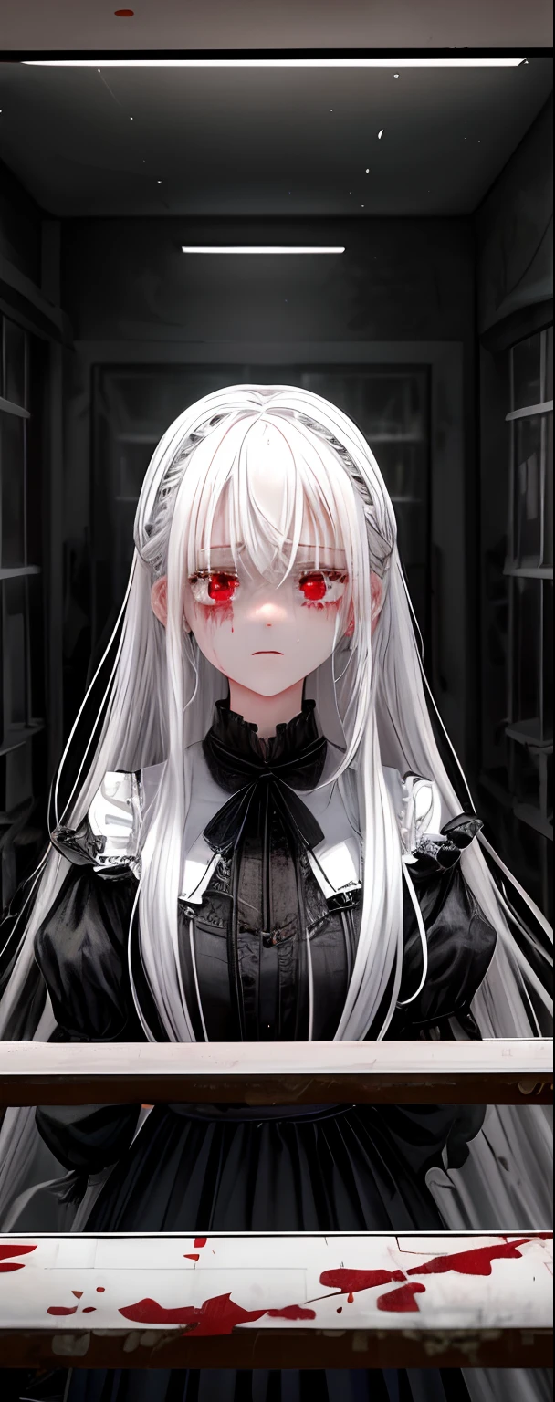 1girll, White hair, Red eyes, (teens girl_Shot:1.2), Face focus, Long hair, side locks,Collapsed crying,Extreme panic,After being violated ,Scared,(terrified:1.1) expression, holding teddy bear, Atmospheric lighting, Moody, Darkness, In an abandoned old museum, Clear glass display case full of interesting items, Dusty, Post-apocalypse, spiderwebs, masterful, Beautiful 8k wallpaper, Extremely detailed, Intricate,Wear a black and white dress,Broken clothes,Bleeding in the lower body