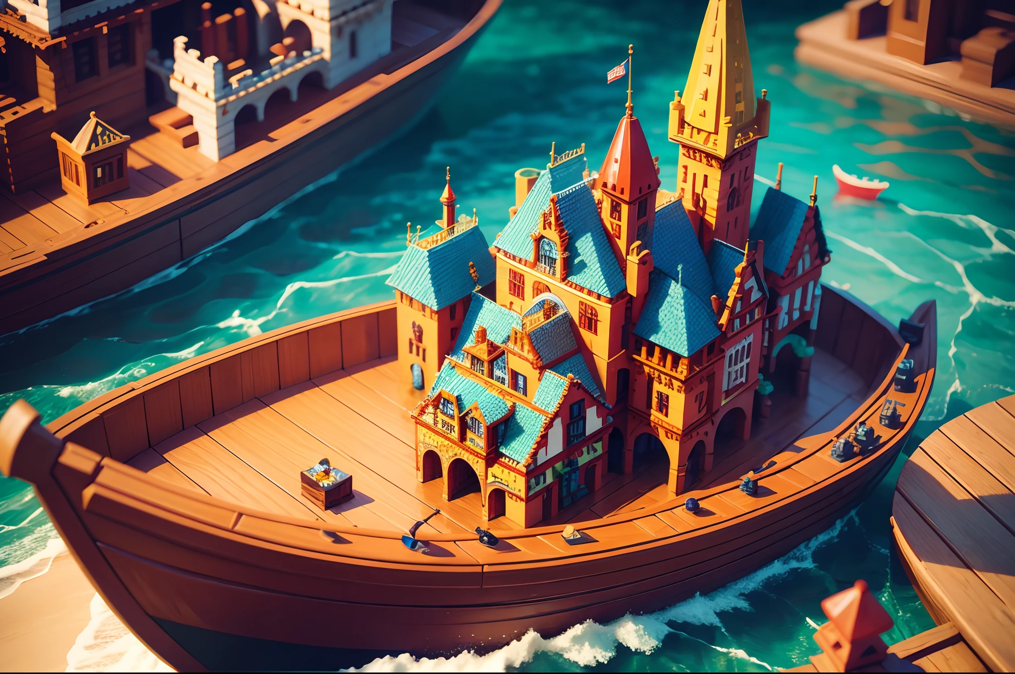 Lego castle, colourful and detailed, constructed inside a wooden boat floating in a river , highly detailed, Photography, tilt shift effect.
