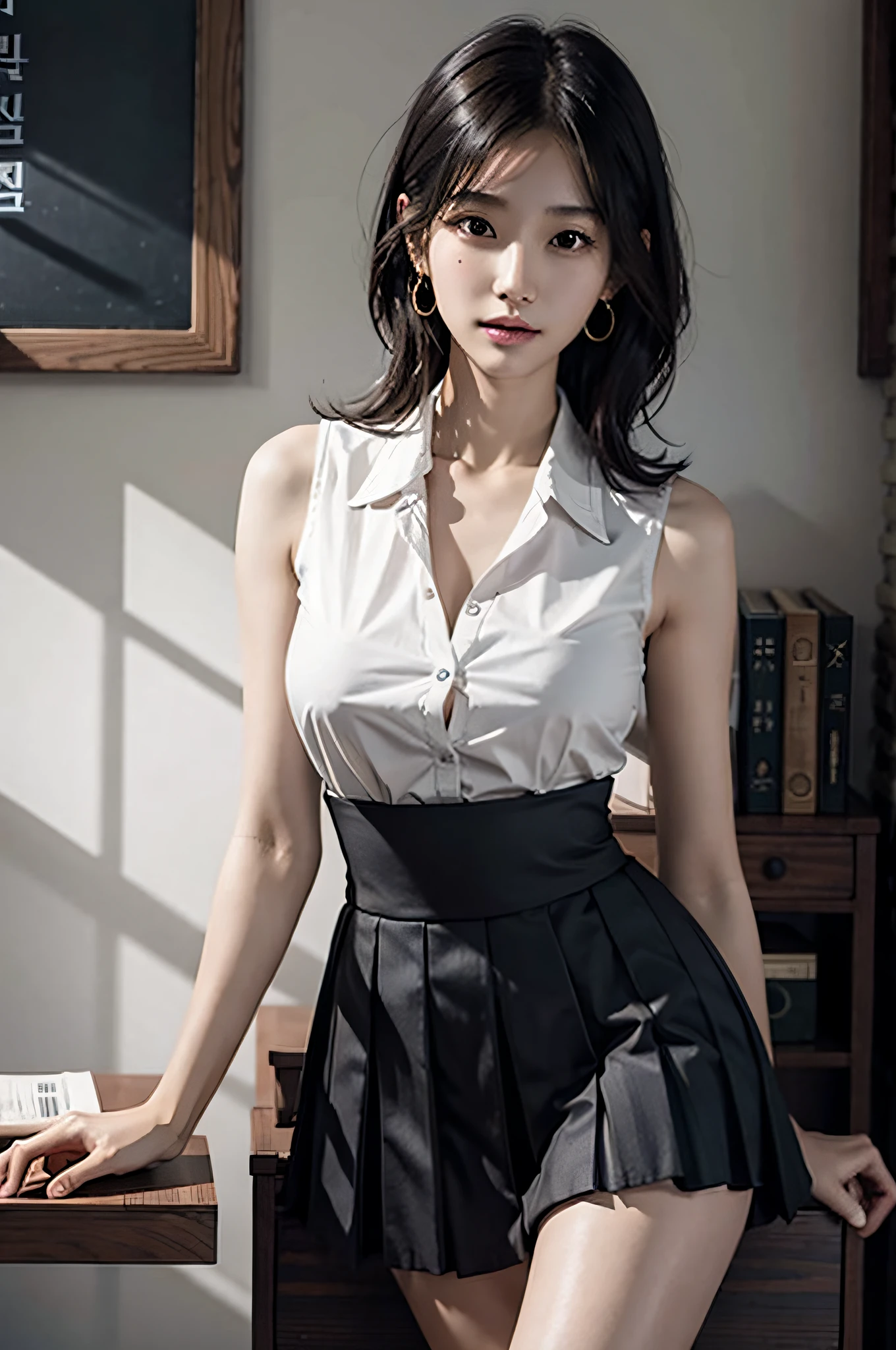 (very huge breasts, perfect anatomy:1.4), (short hair, wavy hair, full body:1.1), (Korean school uniform, summer school uniform shirt, sleeveless,:1.4), whole body, RAW photo, extremely delicate and beautiful, masterpiece, Best Quality, ultra high resolution, 16k, hyperrealistic, ultra-detailed, Very detailed CG 8k wallpaper, Beautiful Lighting, Perfect Lightning, Realistic Shadows, super Detailed shiny skin, perfect figure, Japanese woman, late 20s, Slim body, Slim abdomen, very small head, handsome detailed woman, very detailed eyes and face, realistic face proportions, Stunning detailed eyes, Realistic beautiful face, very small face, Realistic small beautiful eyes, double eyelids, makeup, tearful mole, mole on chest, earring, bare legs, beautiful and very thin legs, beautiful and very thin thighs, narrow waist, (cleavage, Soft midriff, Fine Collarbone, off-shoulder:0),