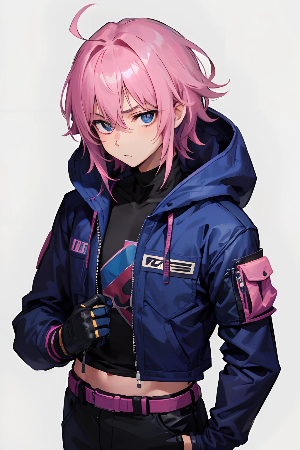 1boy, pink hair, messy hair, extremely messy hair, simple background, simple clothing, dark blue hoodie, dark blue cargo pants, upper body, face focus, white background, fingerless gloves, pink fingerless gloves, medium length hair, handsome boy, handsome, good looking boy, serious, poker face, dark blue clothing, dark blue pants ((adult)), 18 years old, really handsome, dark blue jacket, adulthood, black turtle neck, dark blue jacket, dark blue pants