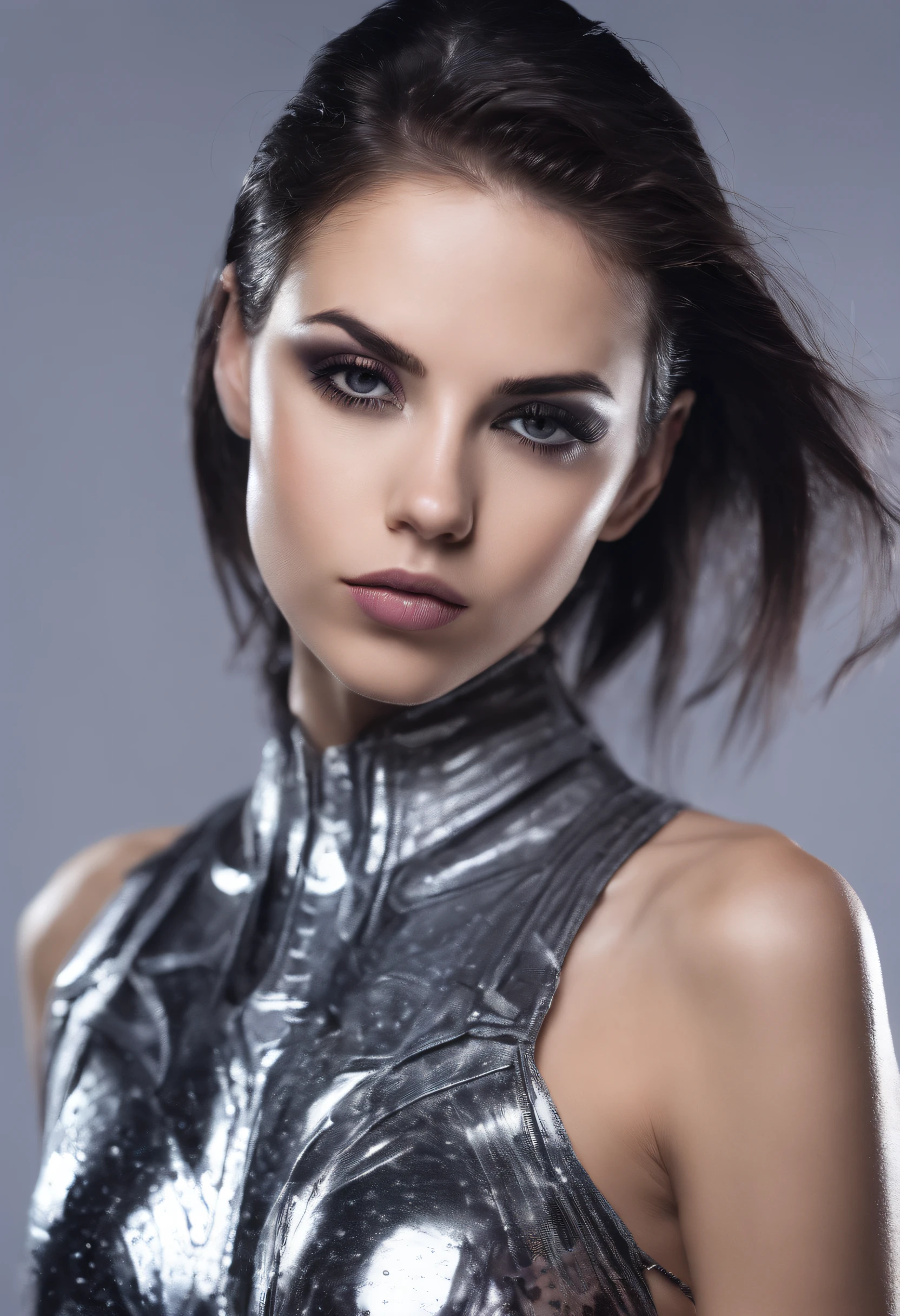 RAW photo of young Greek woman, color photograph, full body length picture, close up portrait, ((a realistic photo of a beautiful young 18yo girl)), shadows, ((silver wing eyeliner)), (dark lipstick), ((pale iridescent skin)), dark eyes, topless, leaning towards viewer, looking at viewer, sensual, erotic pose, smirk, shy, expressive hair, (dark hair), perfect facial features, perfect realistic skin, high quality, very detailed face, night, small breasts, futuristic model, erotic