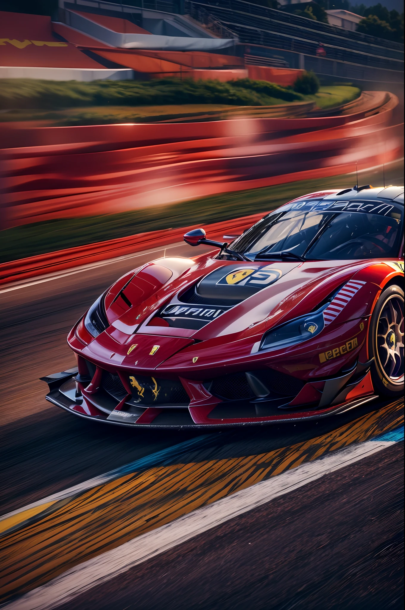 arafed image of a (ferrari hypercar:1.4), (8k, RAW photo, best quality, masterpiece:1.2), (realistic, photo-realistic:1.37), (full body:1.3) (detailed), (highres), ultra realistic, hyperrealistic, high detail RAW color photo of (ferrari hypercar:1.4), high angle shot front view ferrari hypercar driving on a race track, stormy weather, (wet:1.2), (water dust:1.2), 8k uhd, high quality, motion blur, depth blur, cinematic, filmic image 4k, vibrant color, (reflections),(ferrari) race car,(race car:1.4),(endurance race car:1.4),at night, lights, High Detail, Sharp focus, (photorealism), realistic, best quality, 8k, award winning, dramatic lighting, epic, cinematic, masterpiece, rim light, ambient fog:1.3, dutch angle, depth of field,8k uhd, high quality, motion blur, depth blur, cinematic, filmic image 4k, vibrant color, (reflections),spoiler, GT3 race car, WEC endurance cars,rollcage,sponsors,livery, sponsored livery,lights turned on,motion blur,cardrifting