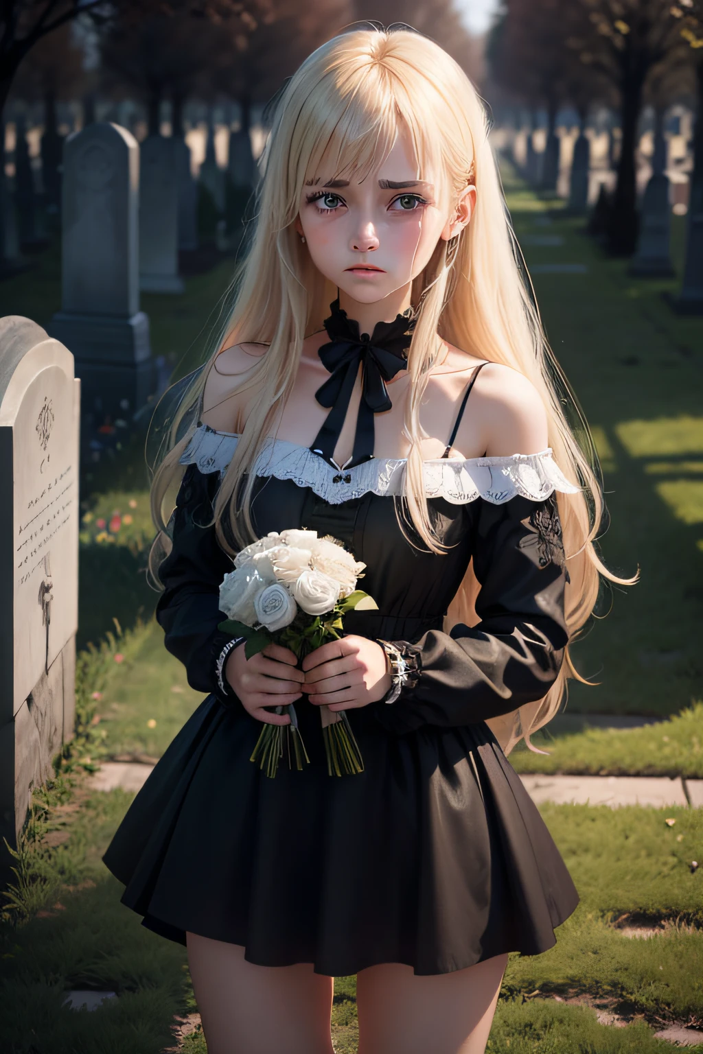 un fille, russe, long cheveux blond, who cries and is sad in a cemetery holding a bouquet of black roses, ultra realist