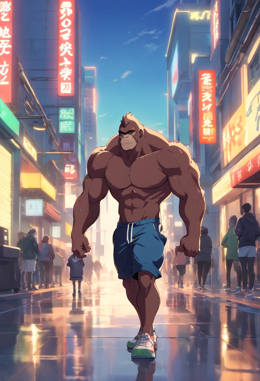 ((foto crua)), ((obra-prima)), Anthropomorphic humanoid gorilla wearing (((roupas de streetwear))), caminhando furiosamente entre as pessoas, detalhe intrincado, intricate Greebles pieces, city behind, corpo musculoso, (((large muscles))), muscular arms, (small head), Ogro monstruoso, Titan soft lighting, Hiper realista, soft-lighting, Ambiente sinistro from back side