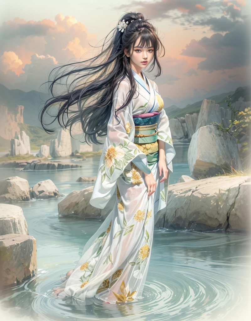 A woman in a kimono standing in a body of water - SeaArt AI
