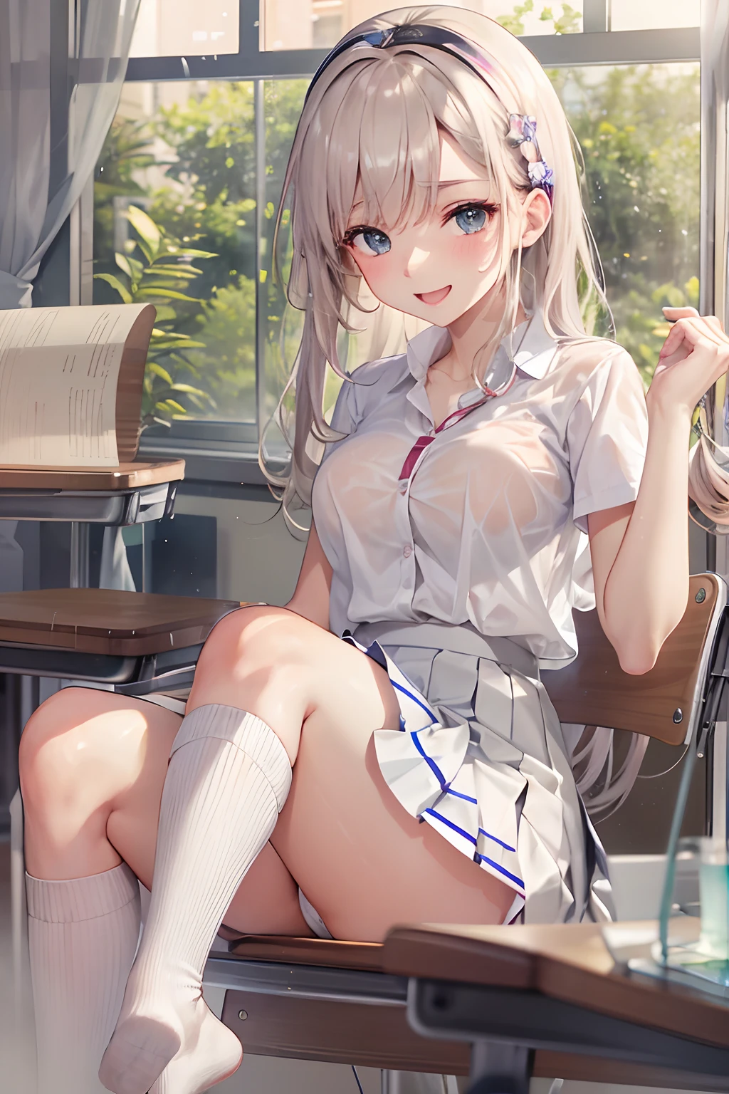 female high-school student,Classroom,sitted,Sit in a chair,Eyes are peachy,A look of enjoyment,Lewd laughter,White color blouse,See-through,Get wet,Large breasts,dewpoint,pleatedskirt,did not wear panties,No bra,legs separated,Lift the skirt with your left hand,Touch the vaginal opening with your right hand,masturbation,facing to audience
