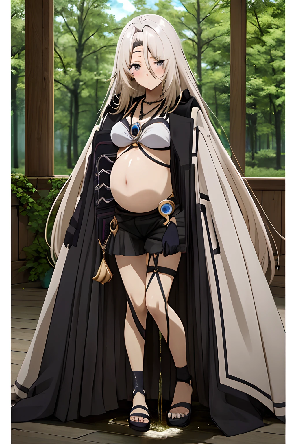 masterpiece, Best quality, 1girl, anime girl, gray robe, tattered edges, white bikini top, black short pants with gold accessories, leg stocking on her right leg from just above the ankle to the middle of her thigh, while her left leg is bare save for two straps, black gloves, jewel-adorned hairband, a necklace with what appears to be a sapphire, Pregnant, (a girl is peeing:1.7), amniotic fluid, blushing, heavy breath, in pain, kneel down, forest