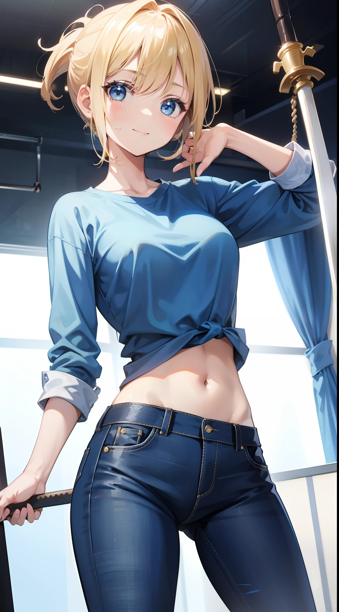 young girl, short blonde hair, high ponytail, blue eyes, Smile, Blue tight shirt, Jeans, Open showers, two swords, Fly on ropes, Masterpiece, hiquality, 4k, HD, Good detail