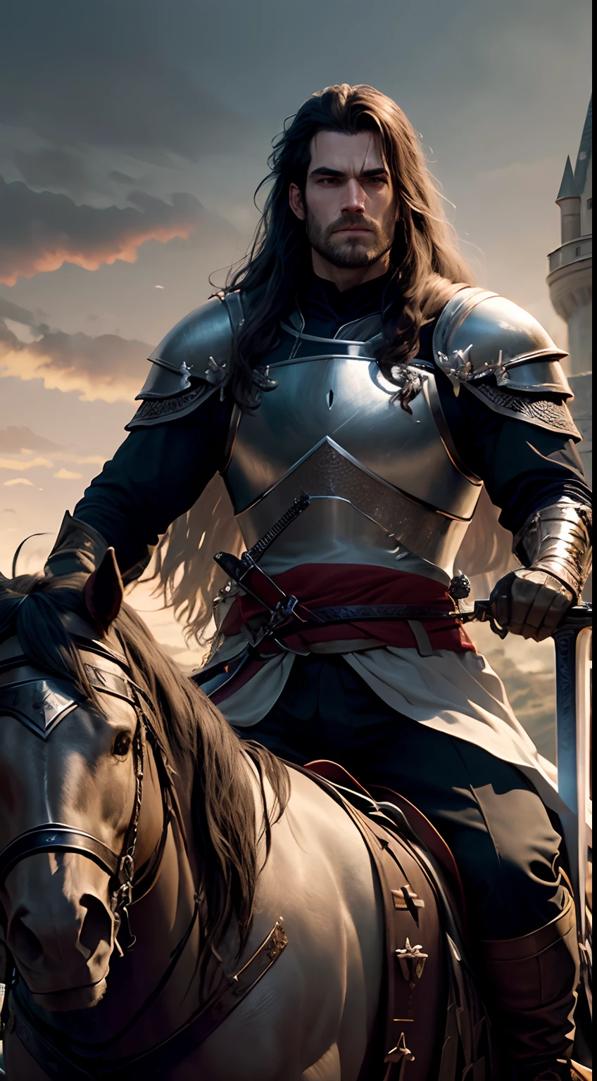 Henry Cavill, as a medieval Templar knight, long hair, robust, grim expression, clad in armour, ((large sword in hand:1.3)), riding a horse, on a battlefield, corpses and soldiers in background, castle visible at a distance, dusklight, Templar flag fluttering in the horizon