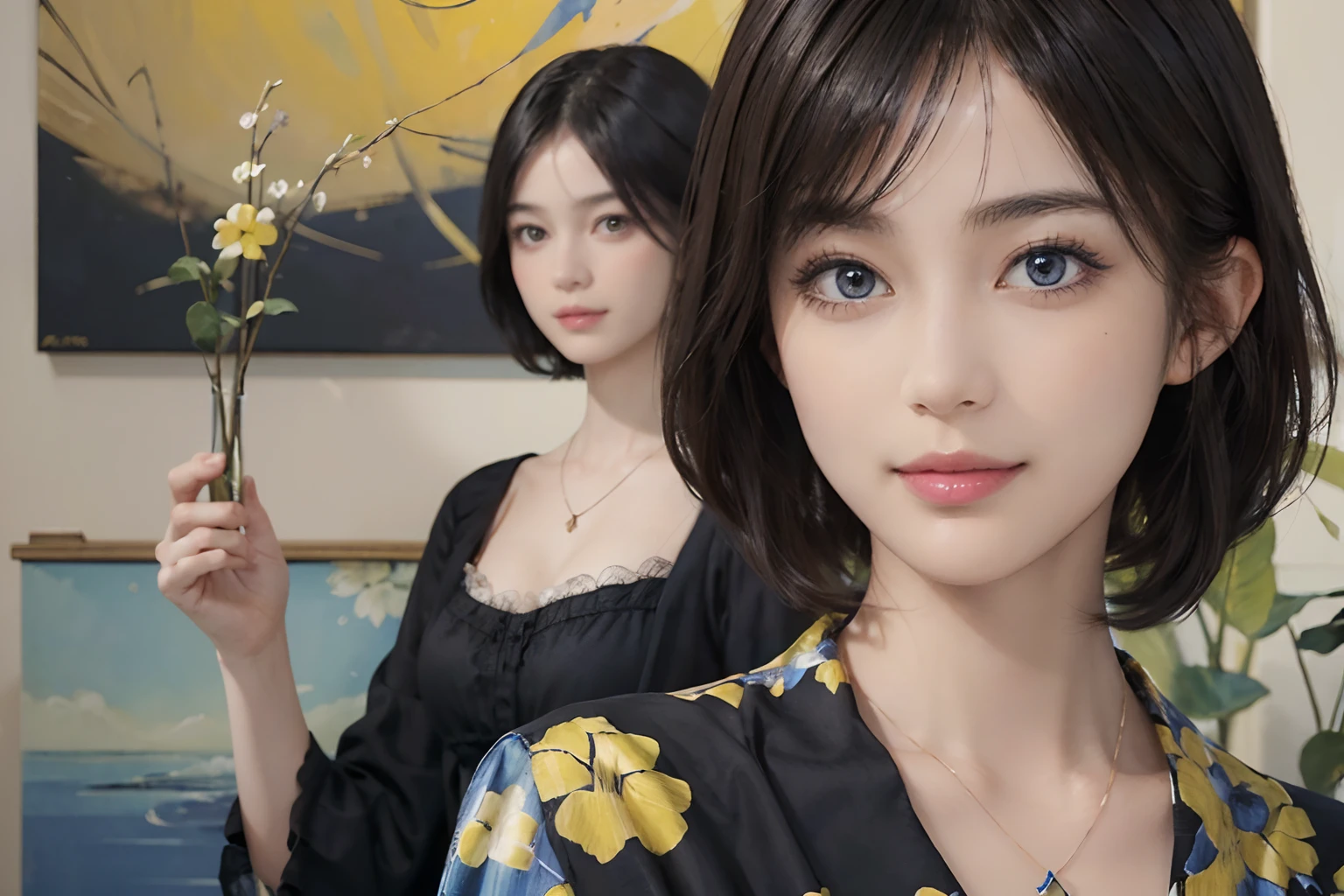 (((Black Shorthair))), (Louvre Museum), Pose Seductive, (A hyper-realistic), (Illustration), (Increased resolution), (8KUHD), (Extremely detailed), (Best Illustration), (Beautiful and detailed eyes), (Best Quality), (ultra-detailliert), (masutepiece ), ( Wallpaper), (Detailed face), Solo, (One woman dressed in blue and yellow), (Floral clothing),  (Breast bulge), Fine details, Detailed face, Deep Shadows, lowkey, pureerosfaceace_v1, Smiling,  46 point slanted bangs,  (Stand in front of an abstract painting), Wearing a necklace