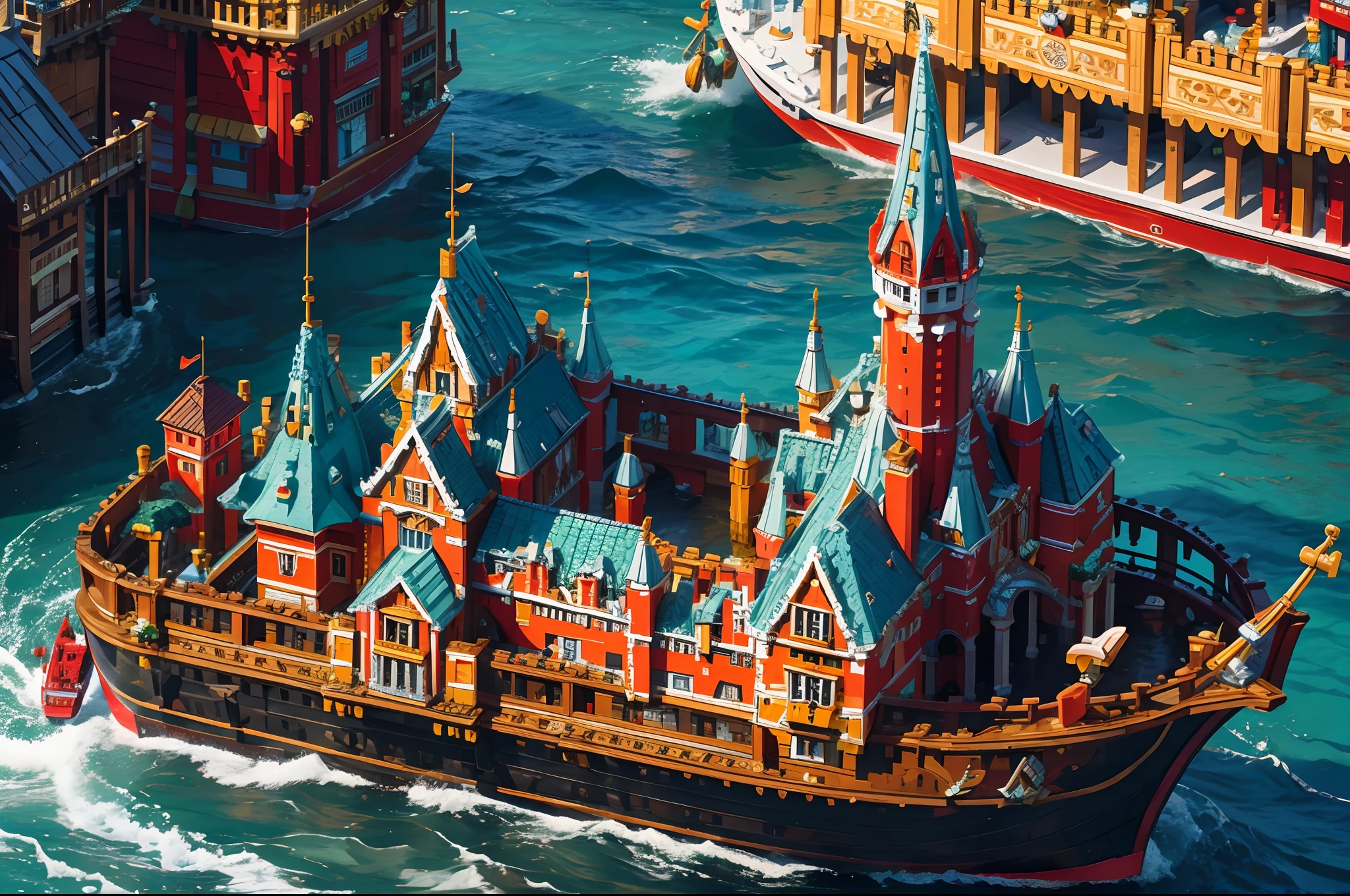Lego castle, colourful and detailed, constructed inside a wooden boat floating in a river , highly detailed, Photography, tilt shift effect.