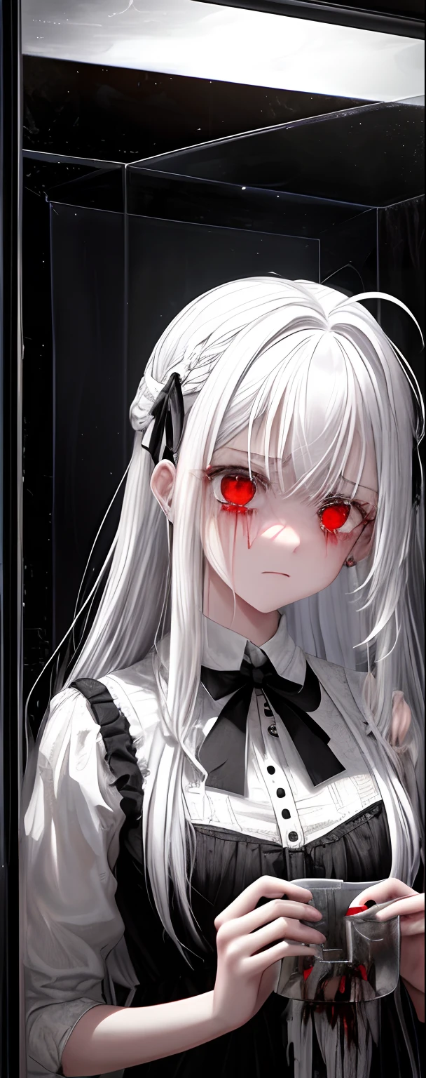 1girll, White hair, Red eyes, (teens girl_Shot:1.2), Face focus, Long hair, side locks,Collapsed crying,Extreme panic,After being violated ,Scared,(terrified:1.1) expression, holding teddy bear, Atmospheric lighting, Moody, Darkness, In an abandoned old museum, Clear glass display case full of interesting items, Dusty, Post-apocalypse, spiderwebs, masterful, Beautiful 8k wallpaper, Extremely detailed, Intricate,Wear a black and white dress,Broken clothes,Bleeding in the lower body