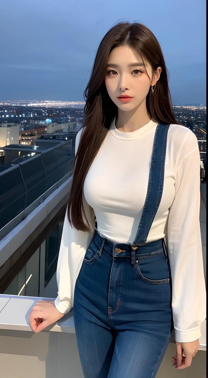 ((mid night、top-quality、8k、​happy, masterpiece:1.3)), full bodyesbian, long legged, foco nítido:1.2, Beautiful woman with perfect body shape:1.4, Slender Abs:1.1, ((dark brown  hair、huge tit:1.2)), (White tight t-shirt、Jean Bib, is standing:1.2), ((Night City View、On the rooftop:1.3)), Highly detailed facial and skin texture, A detailed eye, 二重まぶた、swim wears