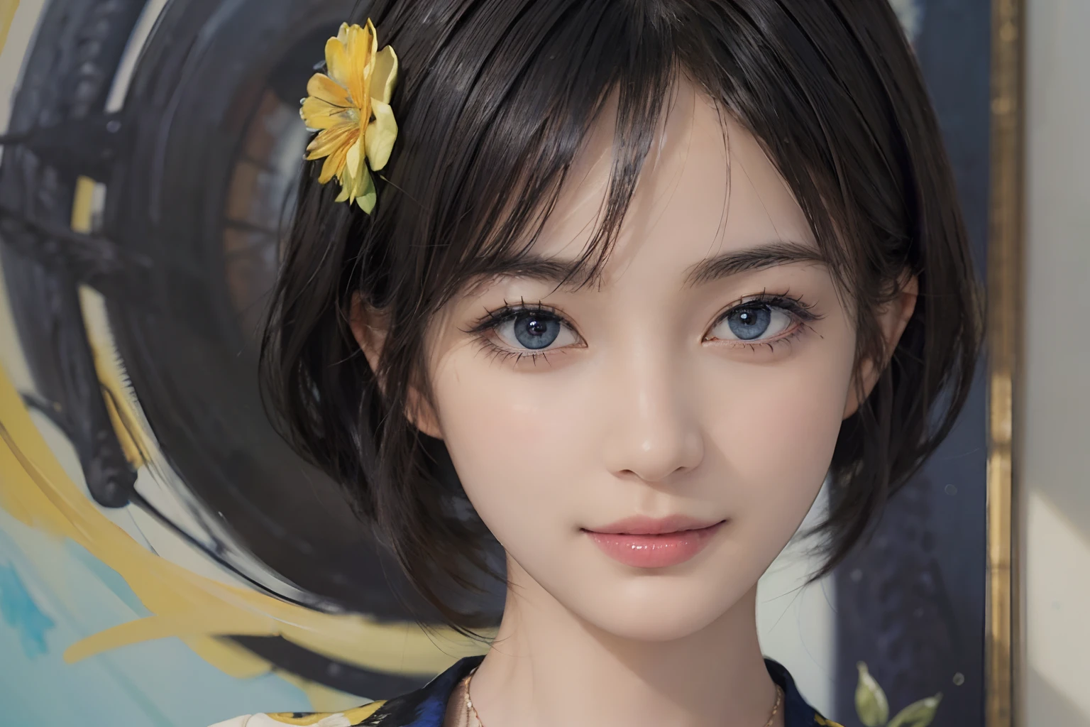 (((Black Shorthair))), (Louvre Museum), Pose Seductive, (A hyper-realistic), (Illustration), (Increased resolution), (8KUHD), (Extremely detailed), (Best Illustration), (Beautiful and detailed eyes), (Best Quality), (ultra-detailliert), (masutepiece ), ( Wallpaper), (Detailed face), Solo, (One woman dressed in blue and yellow), (Floral clothing), (Breast bulge), Fine details, Detailed face, Deep Shadows, lowkey, pureerosfaceace_v1, Smiling, 46 point slanted bangs, (Stand in front of an abstract painting), Wearing a necklace